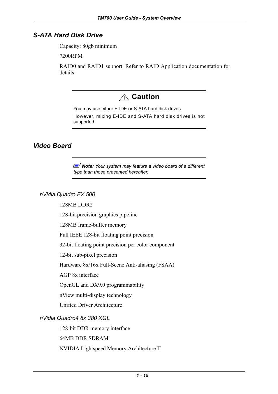 S-ata hard disk drive, Video board, Nvidia quadro fx 500 | Nvidia quadro4 8x 380 xgl, S-ata hard disk drive -15 video board -15, Caution | Intel Express 5800 TM700 User Manual | Page 29 / 132