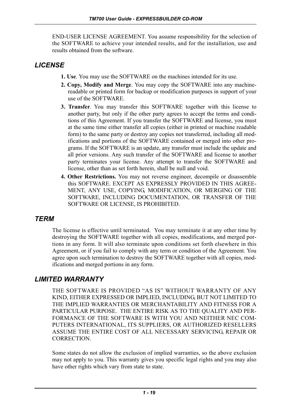 License, Term, Limited warranty | License -19 term -19 limited warranty -19 | Intel Express 5800 TM700 User Manual | Page 33 / 132