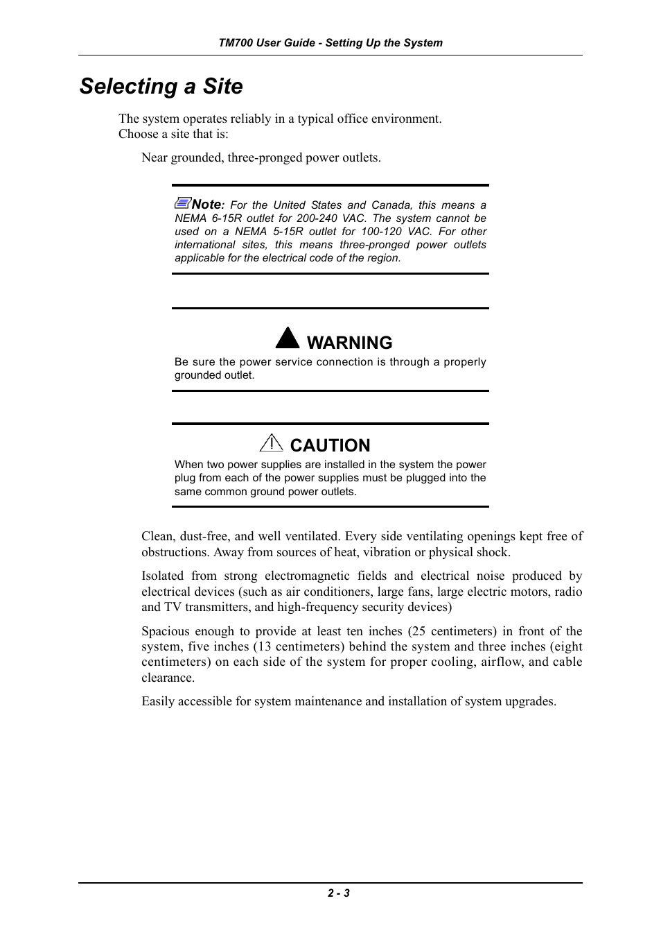 Selecting a site, Selecting a site -3, Warning | Caution | Intel Express 5800 TM700 User Manual | Page 37 / 132