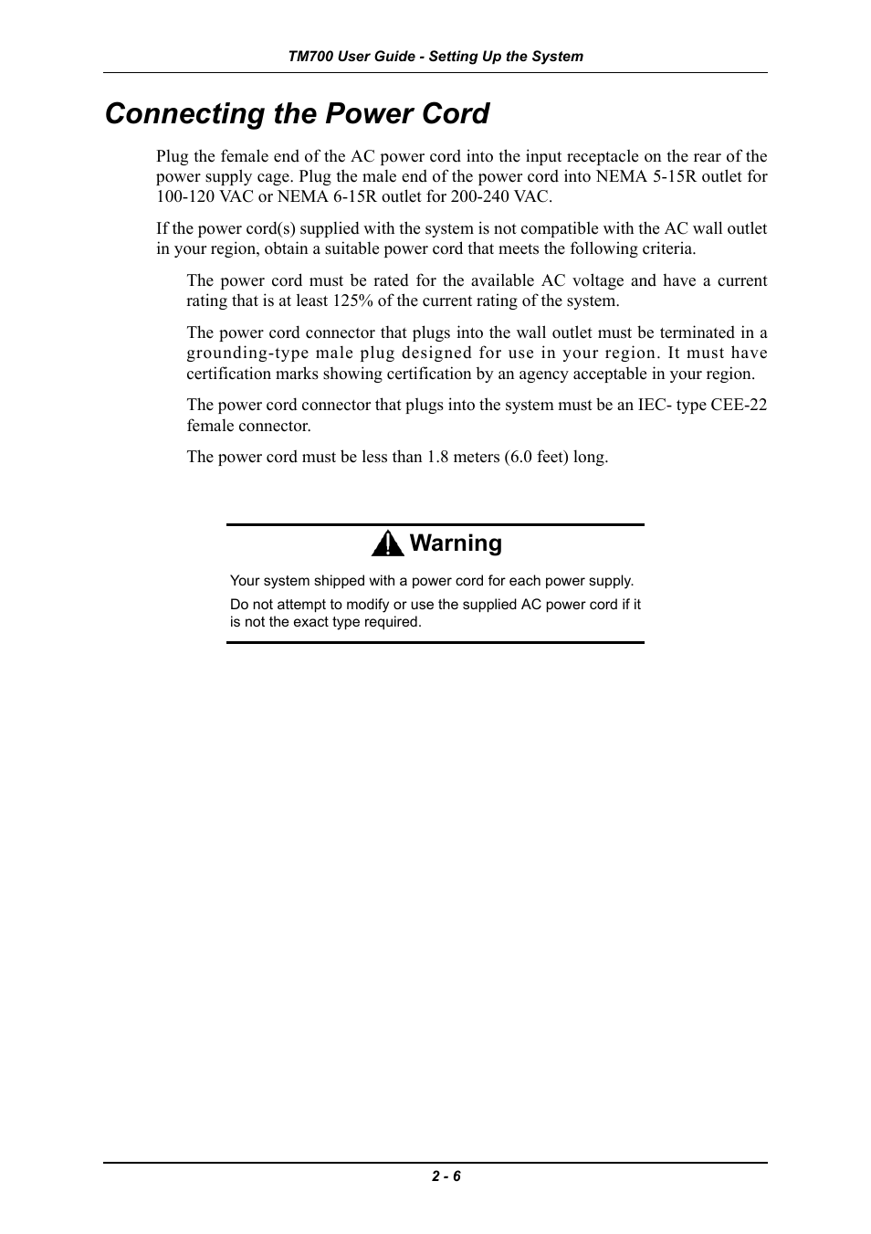 Connecting the power cord, Connecting the power cord -6, Warning | Intel Express 5800 TM700 User Manual | Page 40 / 132