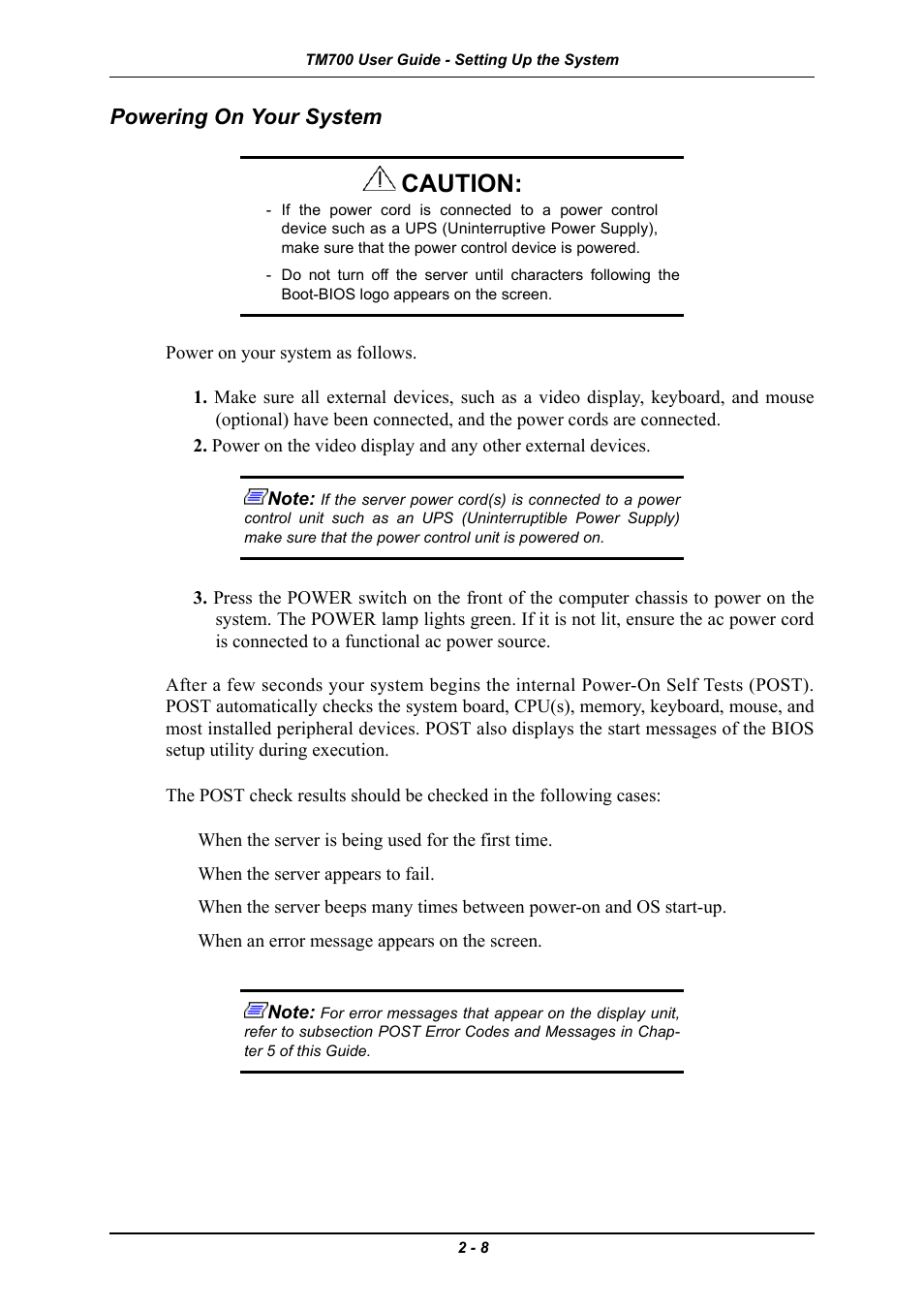 Powering on your system, Powering on your system -8, Caution | Intel Express 5800 TM700 User Manual | Page 42 / 132