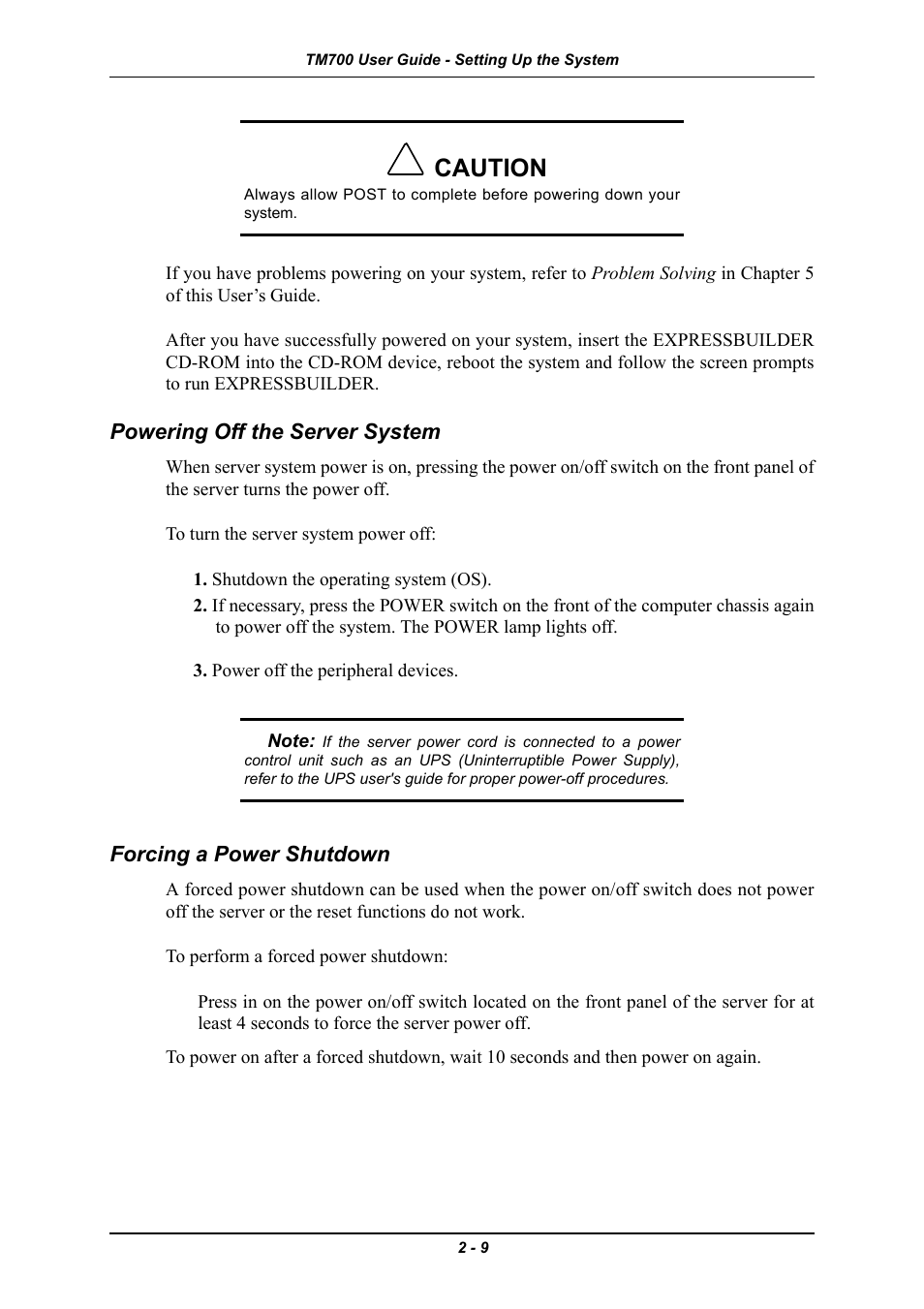 Powering off the server system, Forcing a power shutdown, Caution | Intel Express 5800 TM700 User Manual | Page 43 / 132