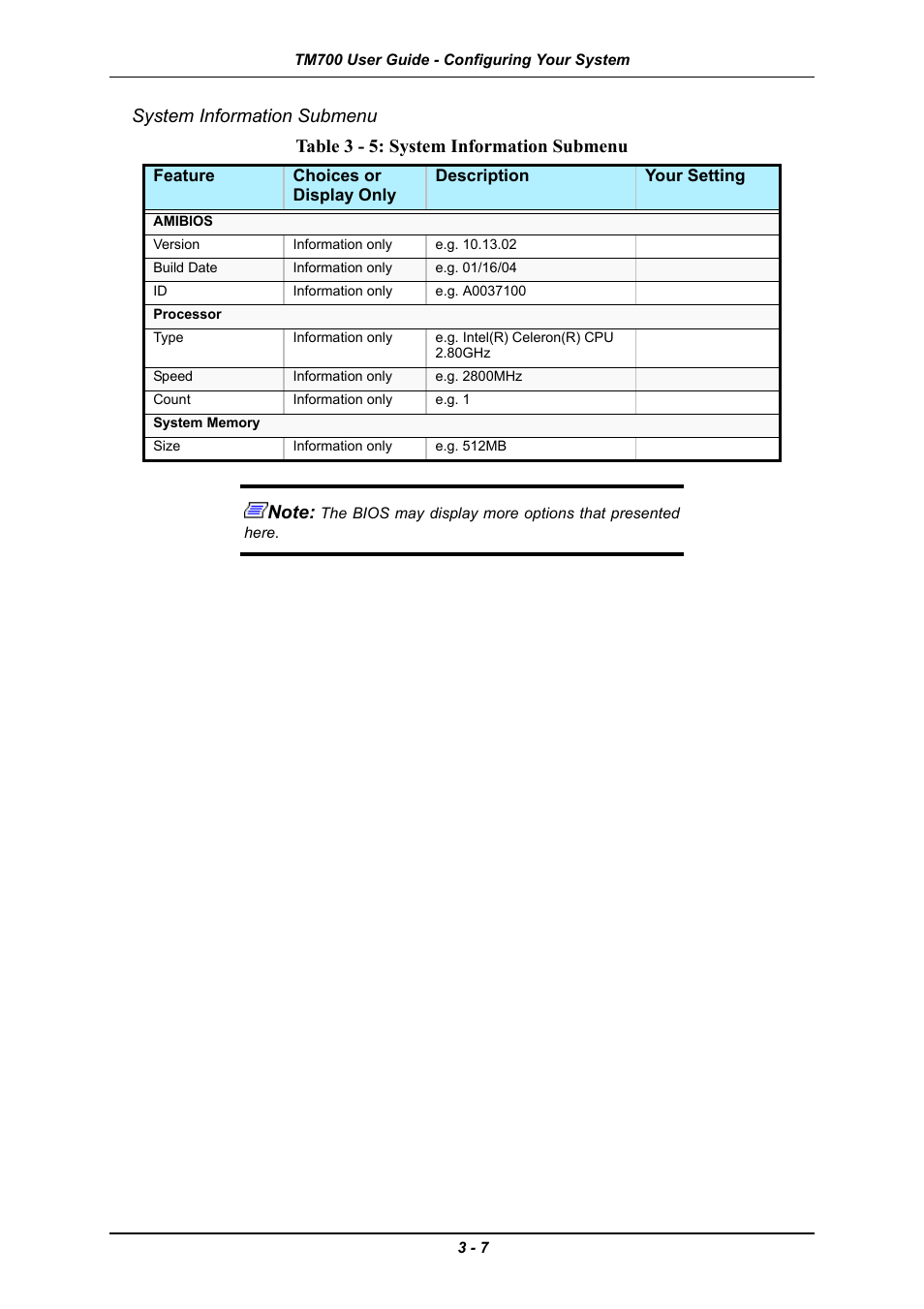 System information submenu, System information submenu -7, Table 3 - 5: system information submenu | Intel Express 5800 TM700 User Manual | Page 51 / 132