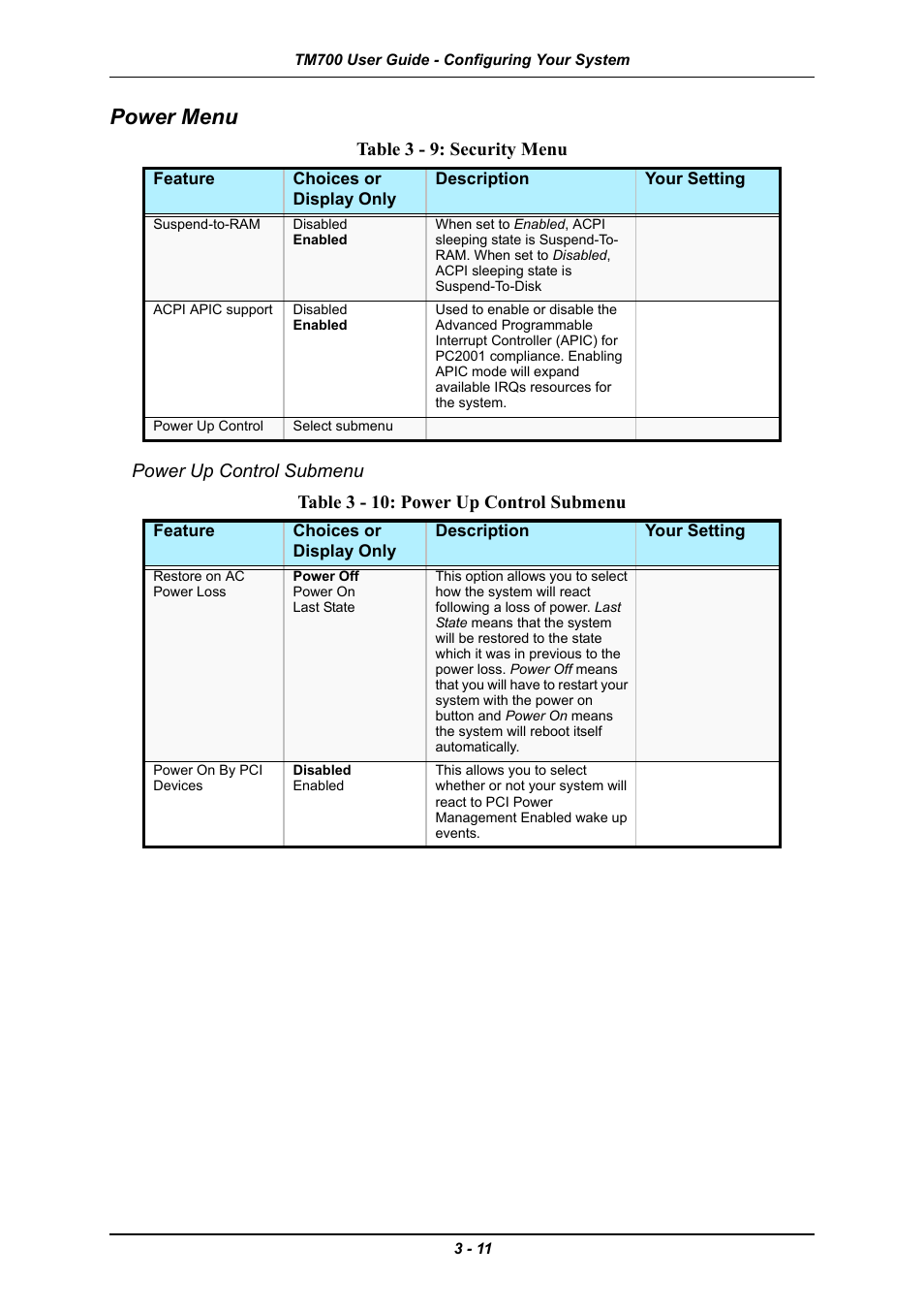 Power up control submenu, Power up control submenu -11, Power menu | Table 3 - 10: power up control submenu | Intel Express 5800 TM700 User Manual | Page 55 / 132