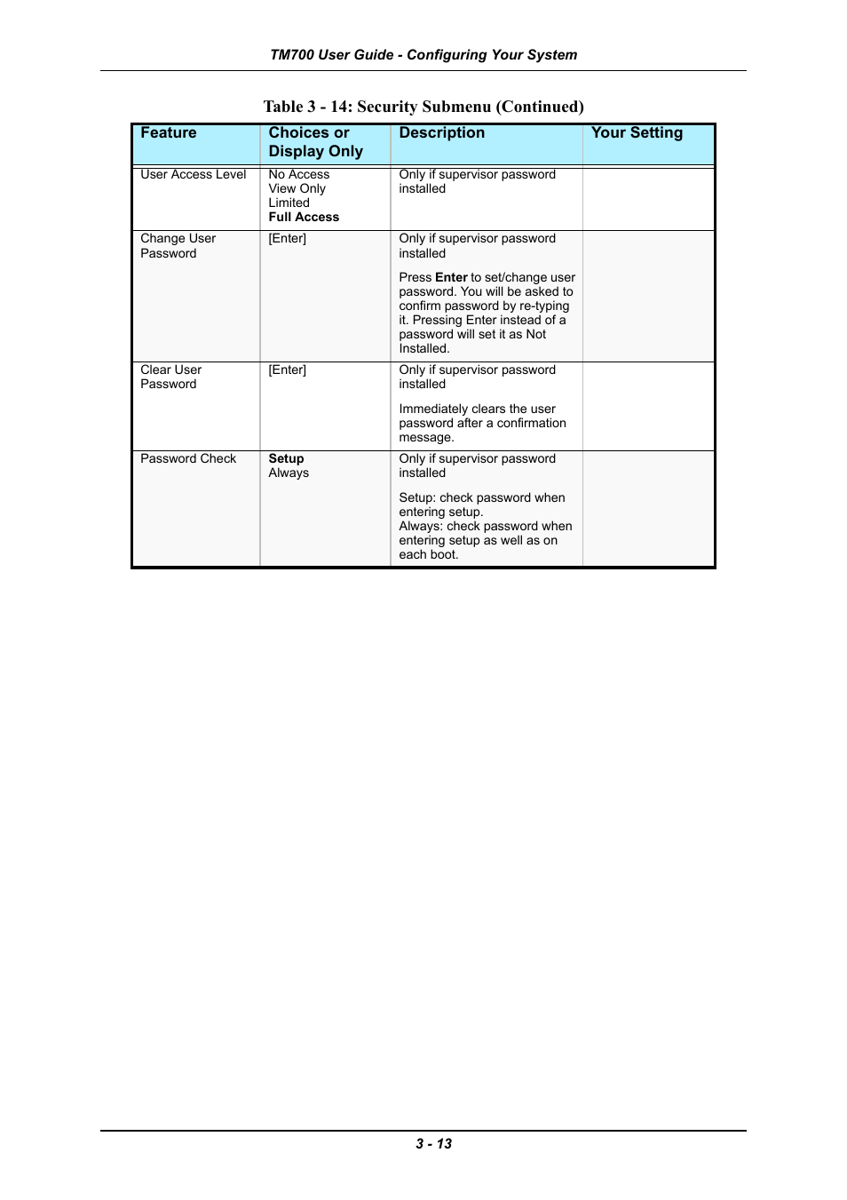 Table 3 - 14: security submenu (continued) | Intel Express 5800 TM700 User Manual | Page 57 / 132