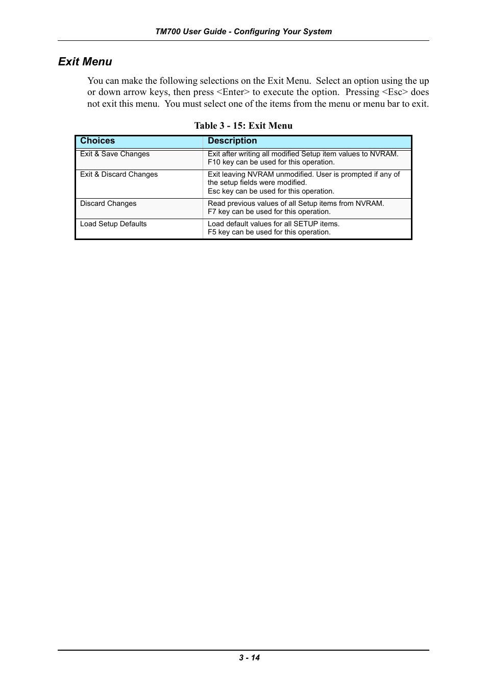 Exit menu, Exit menu -14 | Intel Express 5800 TM700 User Manual | Page 58 / 132