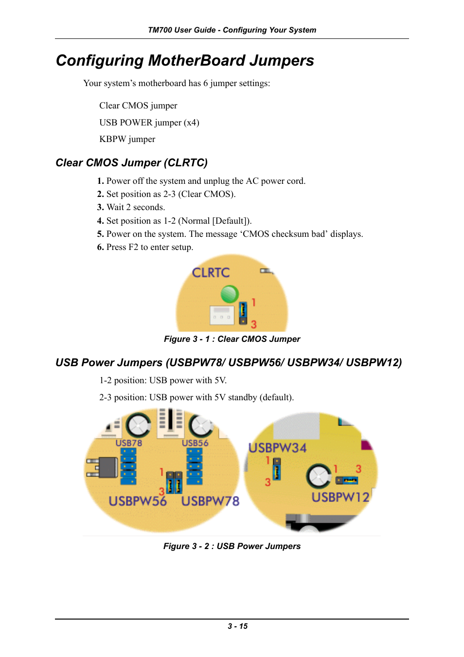 Configuring motherboard jumpers, Clear cmos jumper (clrtc), Configuring motherboard jumpers -15 | Intel Express 5800 TM700 User Manual | Page 59 / 132
