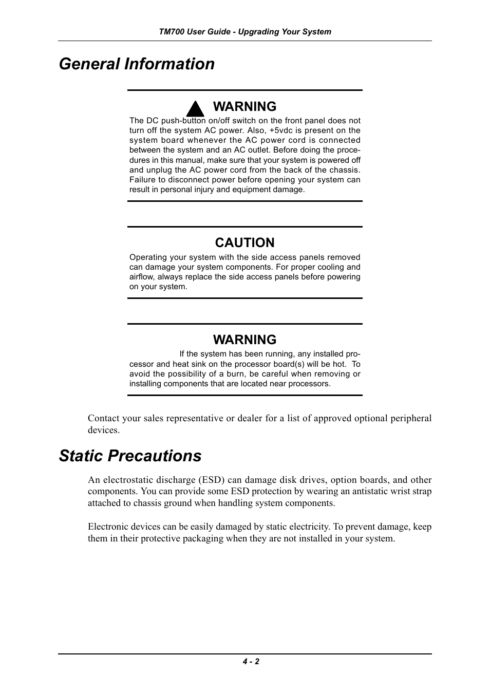 General information, Static precautions, General information -2 static precautions -2 | Warning, Caution | Intel Express 5800 TM700 User Manual | Page 62 / 132