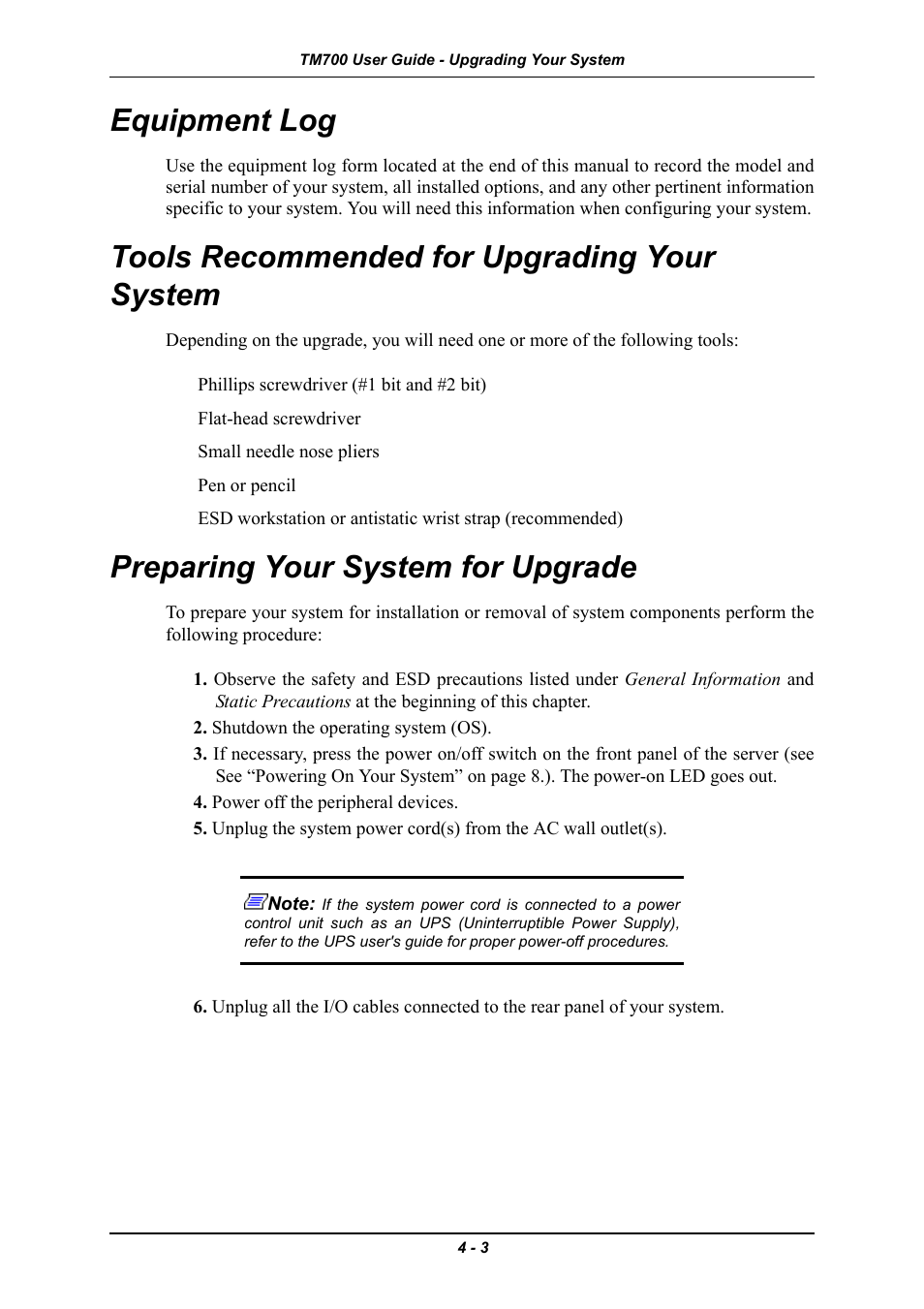 Equipment log, Tools recommended for upgrading your system, Preparing your system for upgrade | Intel Express 5800 TM700 User Manual | Page 63 / 132