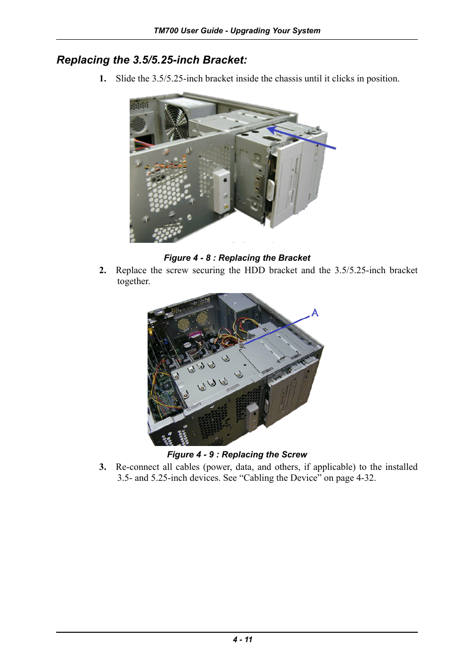 Replacing the 3.5/5.25-inch bracket, Replacing the 3.5/5.25-inch bracket: -11, Desktop position. see “replacing the | E tower position. see “replacing the | Intel Express 5800 TM700 User Manual | Page 71 / 132