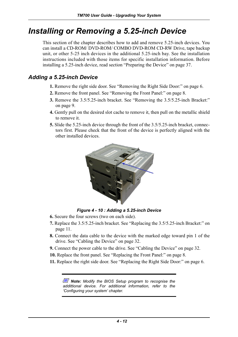 Installing or removing a 5.25-inch device, Adding a 5.25-inch device, Installing or removing a 5.25-inch device -12 | Adding a 5.25-inch device -12 | Intel Express 5800 TM700 User Manual | Page 72 / 132
