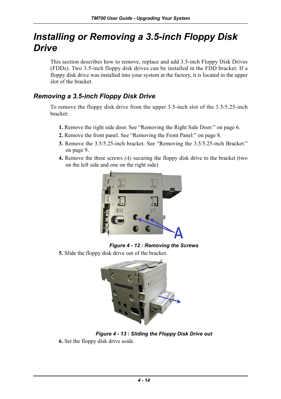 Removing a 3.5-inch floppy disk drive, Removing a 3.5-inch floppy disk drive -14 | Intel Express 5800 TM700 User Manual | Page 74 / 132