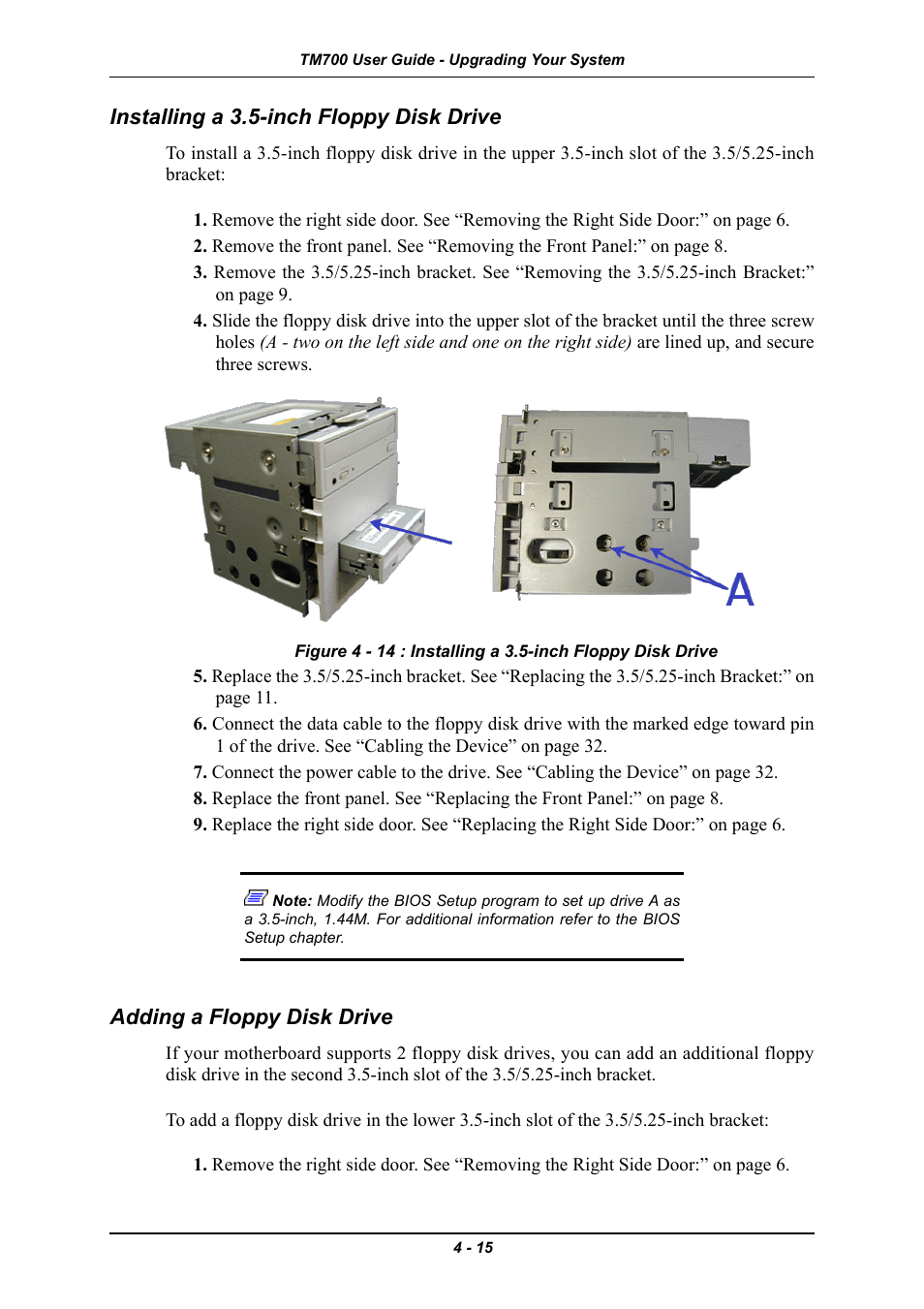 Installing a 3.5-inch floppy disk drive, Adding a floppy disk drive | Intel Express 5800 TM700 User Manual | Page 75 / 132