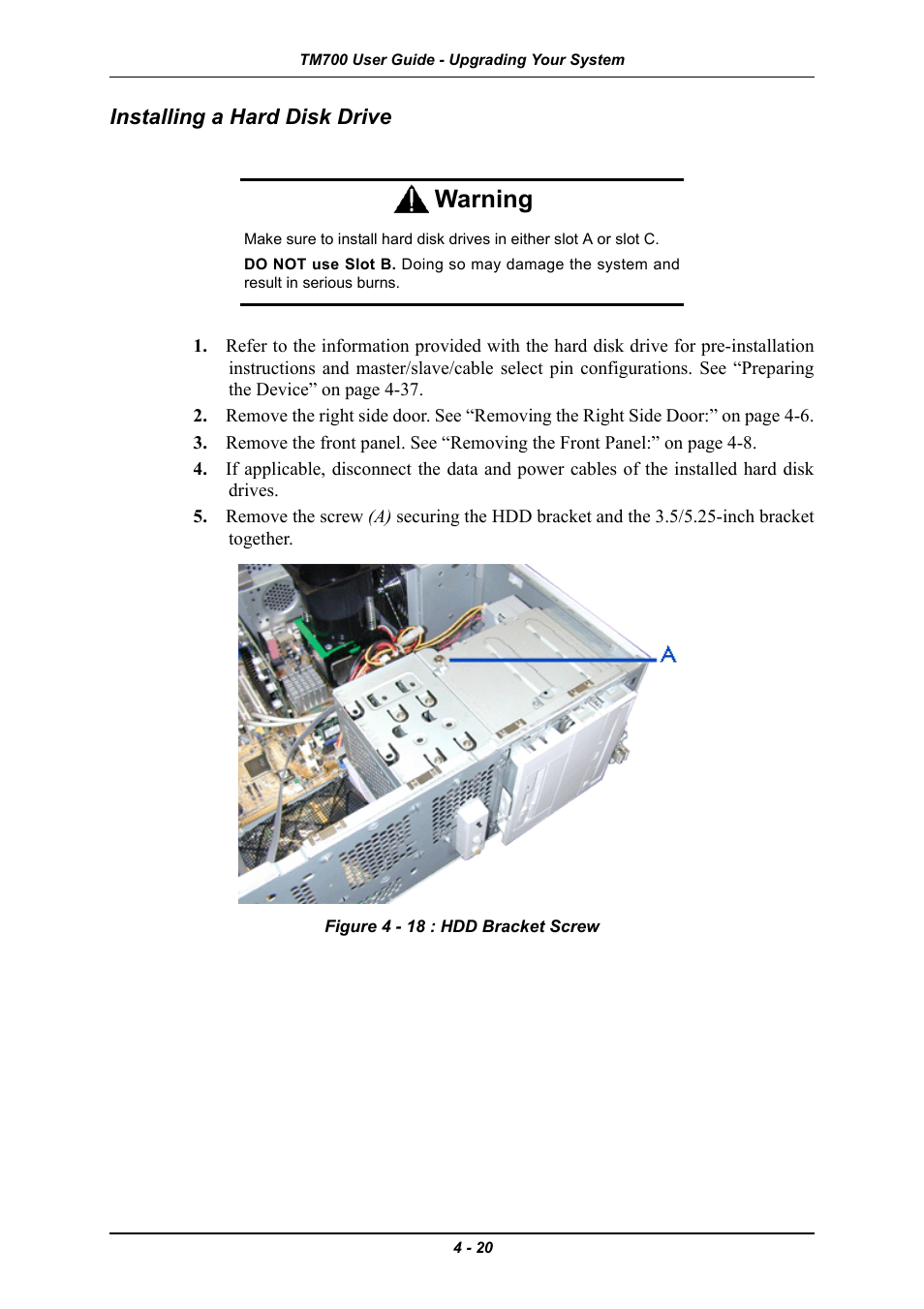 Installing a hard disk drive, Installing a hard disk drive -20, Warning | Intel Express 5800 TM700 User Manual | Page 80 / 132