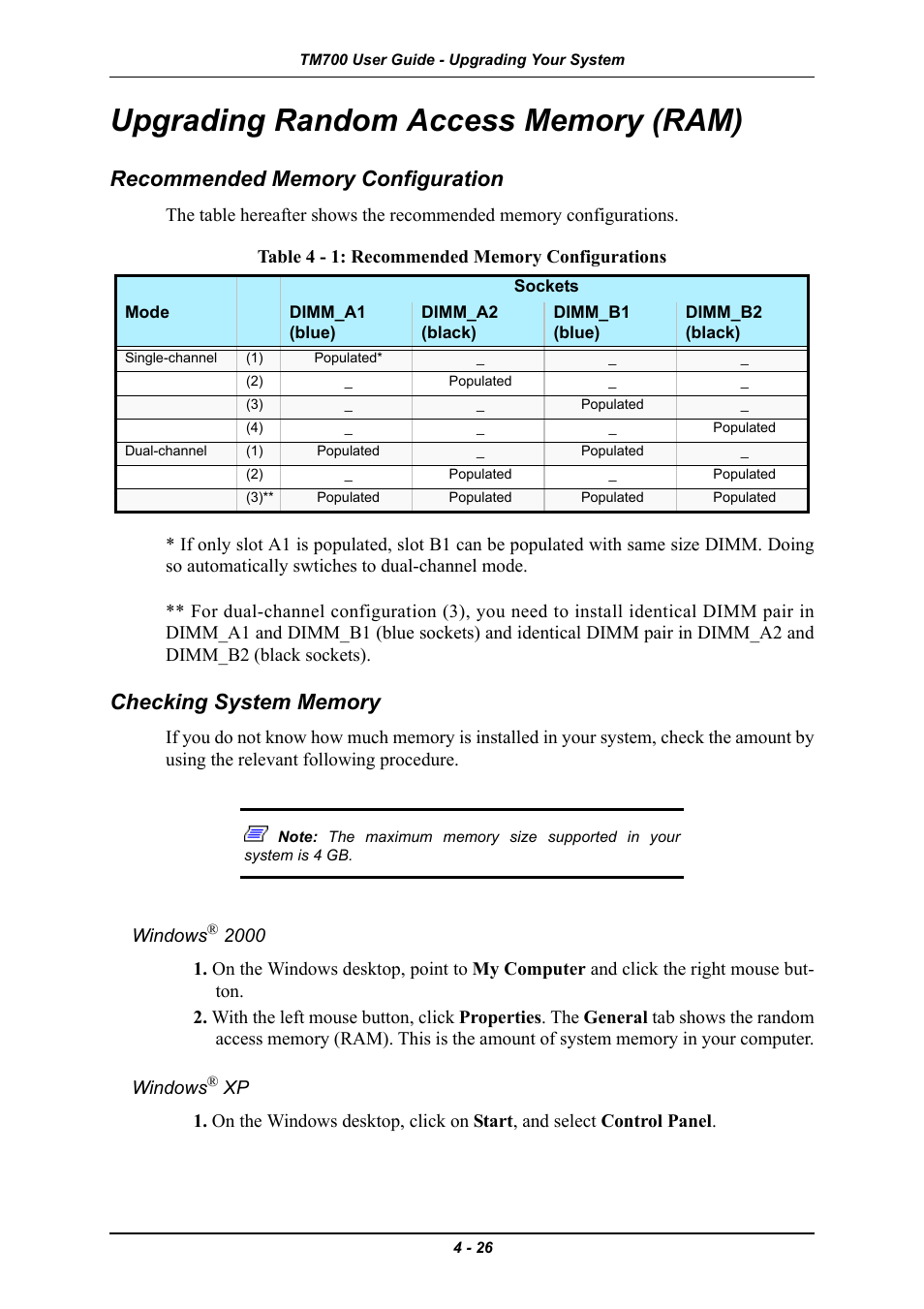 Upgrading random access memory (ram), Recommended memory configuration, Checking system memory | Windows® 2000, Windows® xp, Upgrading random access memory (ram) -26, Windows® 2000 -26 windows® xp -26 | Intel Express 5800 TM700 User Manual | Page 86 / 132