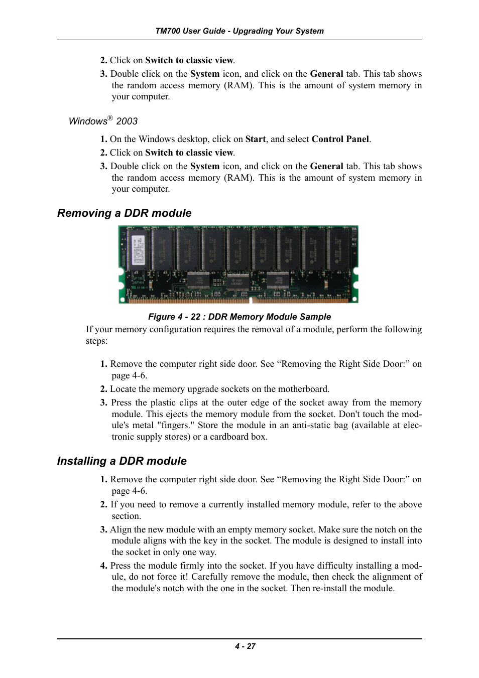 Windows® 2003, Removing a ddr module, Installing a ddr module | Windows® 2003 -27 | Intel Express 5800 TM700 User Manual | Page 87 / 132