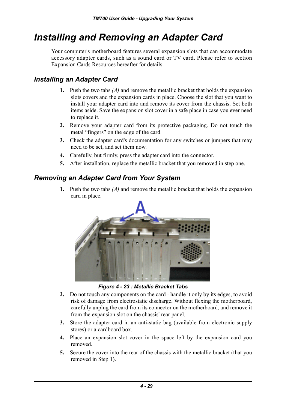Installing and removing an adapter card, Installing an adapter card, Removing an adapter card from your system | Installing and removing an adapter card -29 | Intel Express 5800 TM700 User Manual | Page 89 / 132