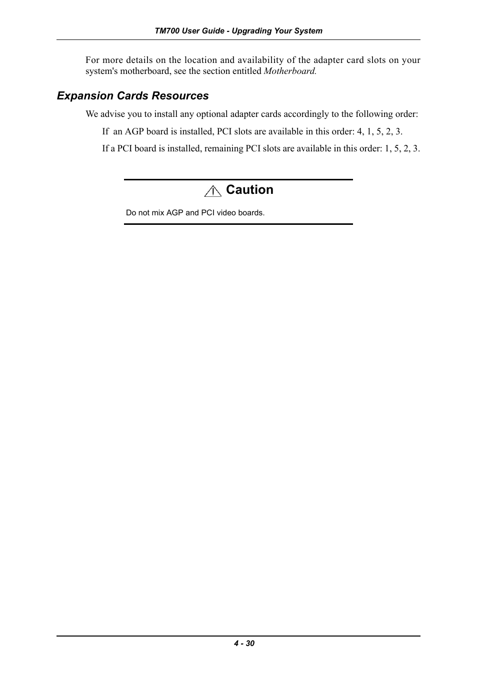 Expansion cards resources, Expansion cards resources -30, Caution | Intel Express 5800 TM700 User Manual | Page 90 / 132