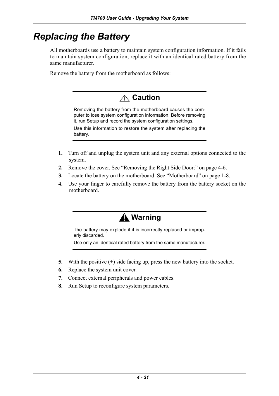 Replacing the battery, Replacing the battery -31, Caution | Warning | Intel Express 5800 TM700 User Manual | Page 91 / 132