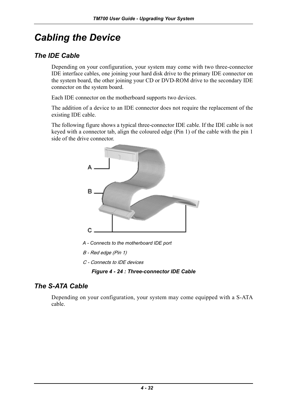 Cabling the device, The ide cable, The s-ata cable | Cabling the device -32, The ide cable -32 the s-ata cable -32 | Intel Express 5800 TM700 User Manual | Page 92 / 132