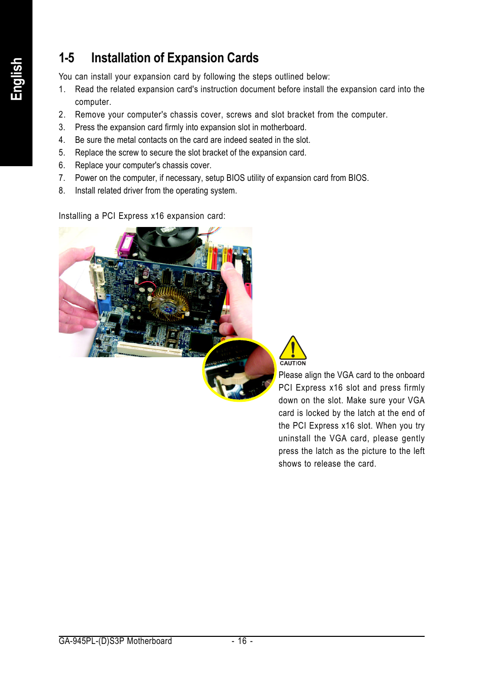 English, 5 installation of expansion cards | Intel GA-945PL-S3P User Manual | Page 16 / 72