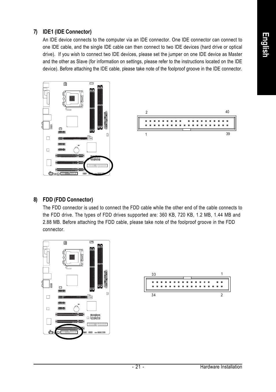 English, 7) ide1 (ide connector), 8) fdd (fdd connector) | Intel GA-945PL-S3P User Manual | Page 21 / 72