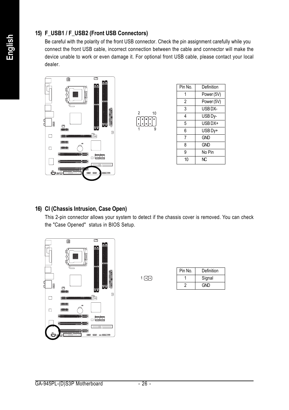 English, 15) f_usb1 / f_usb2 (front usb connectors), 16) ci (chassis intrusion, case open) | Intel GA-945PL-S3P User Manual | Page 26 / 72