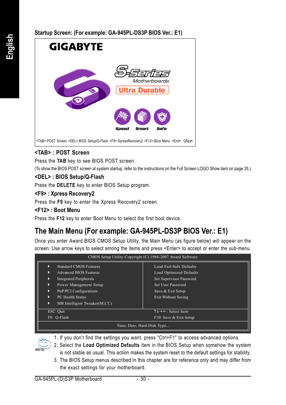 English, Tab> : post screen, Del> : bios setup/q-flash | F9> : xpress recovery2, F12> : boot menu | Intel GA-945PL-S3P User Manual | Page 30 / 72