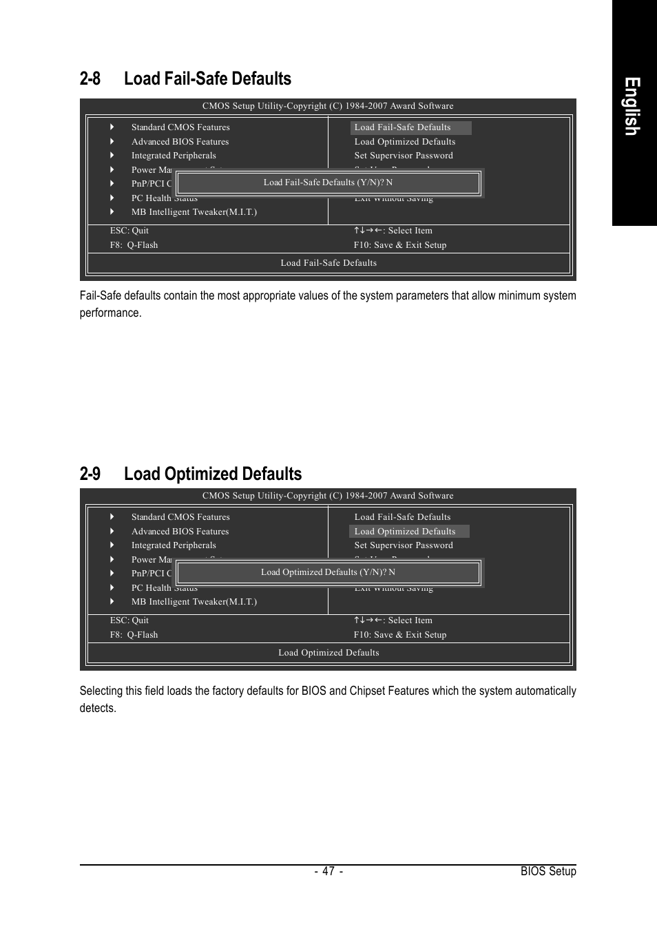 English, 8 load fail-safe defaults, 9 load optimized defaults | Intel GA-945PL-S3P User Manual | Page 47 / 72