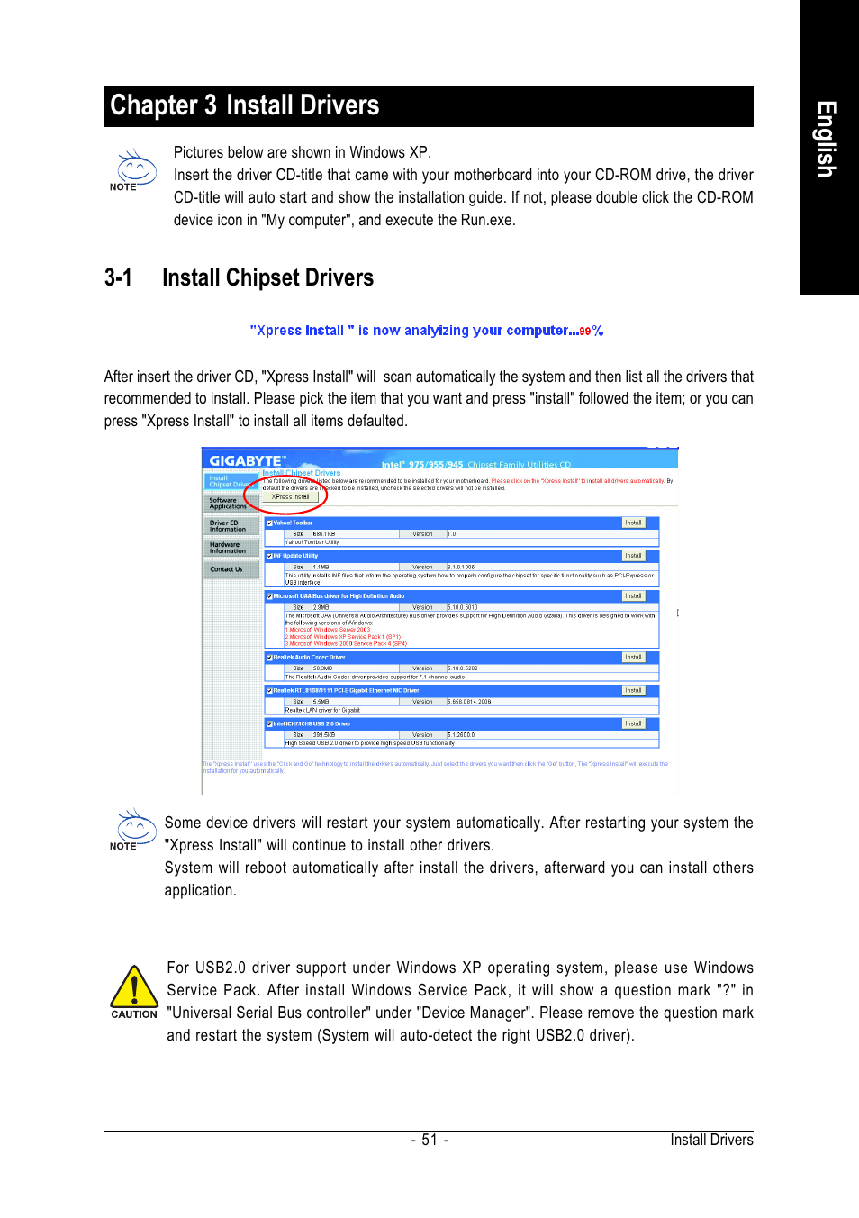 Chapter 3 install drivers, English, 1 install chipset drivers | Intel GA-945PL-S3P User Manual | Page 51 / 72