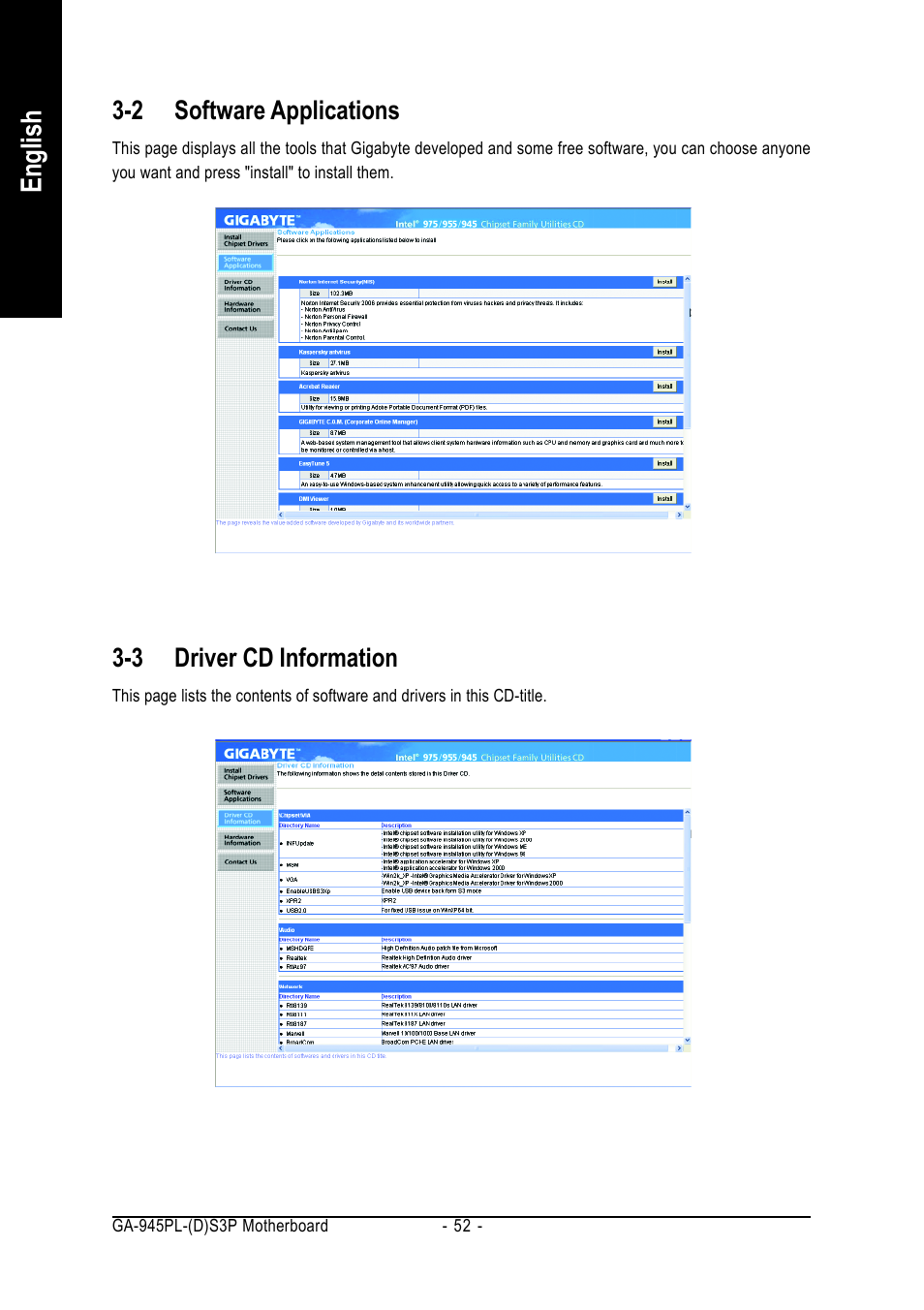 English, 2 software applications, 3 driver cd information | Intel GA-945PL-S3P User Manual | Page 52 / 72