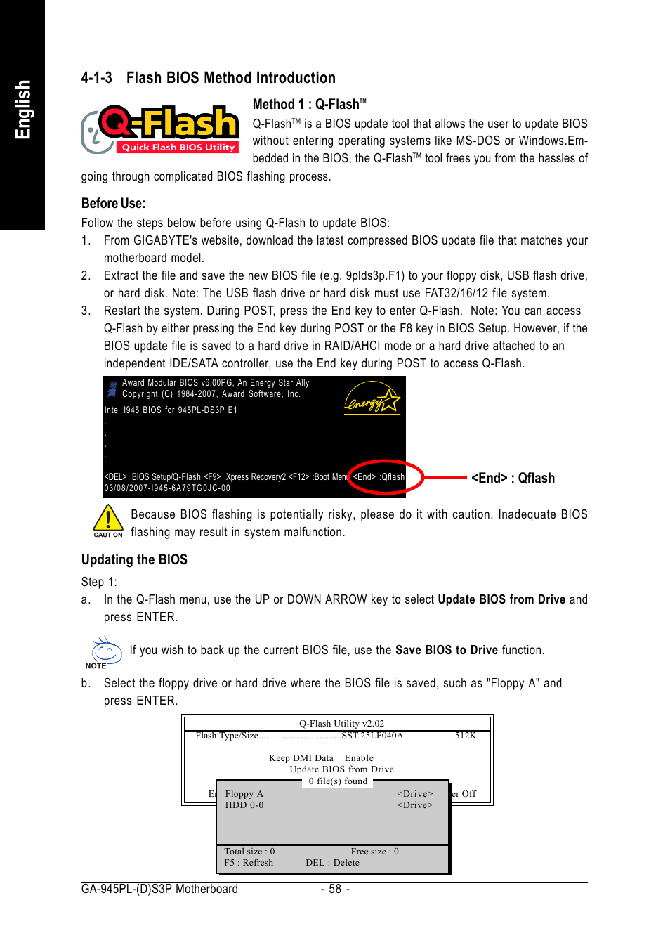 English, 1-3 flash bios method introduction, Before use | Updating the bios, Method 1 : q-flash, End> : qflash | Intel GA-945PL-S3P User Manual | Page 58 / 72