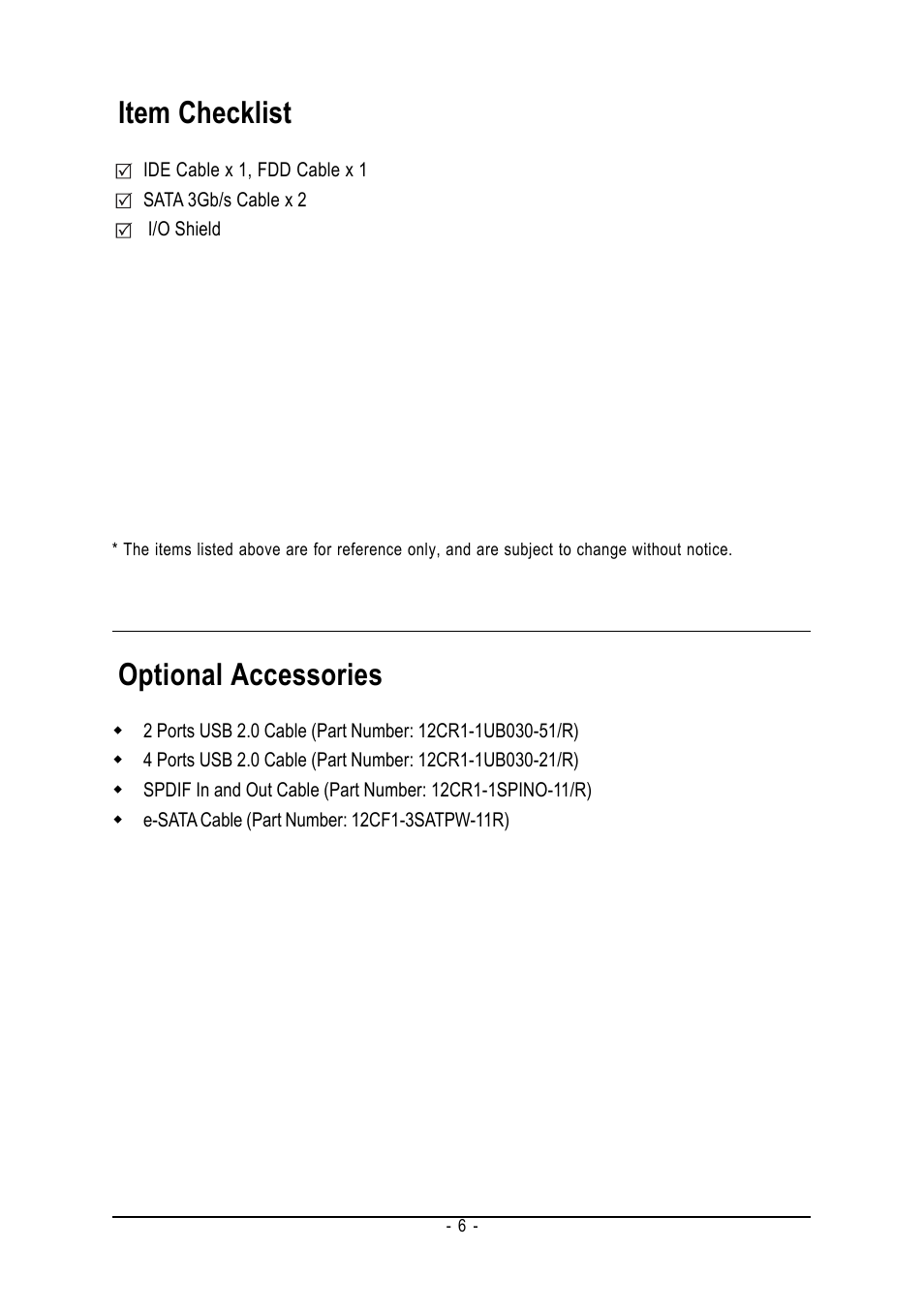 Item checklist, Optional accessories | Intel GA-945PL-S3P User Manual | Page 6 / 72
