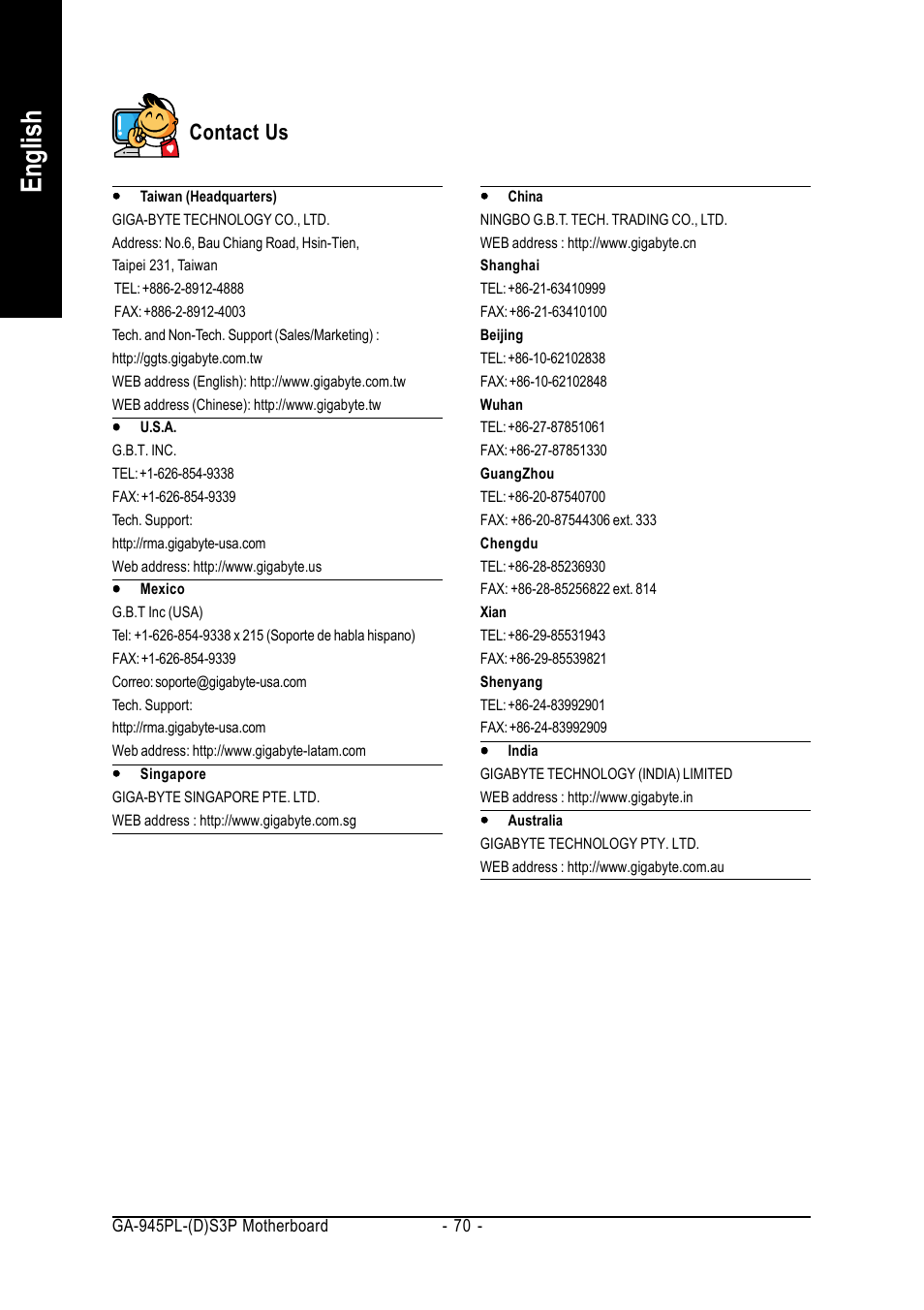 English, Contact us | Intel GA-945PL-S3P User Manual | Page 70 / 72