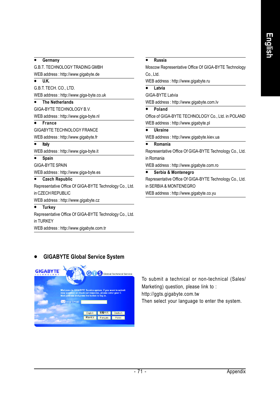 English, Yyy y y gigabyte global service system | Intel GA-945PL-S3P User Manual | Page 71 / 72