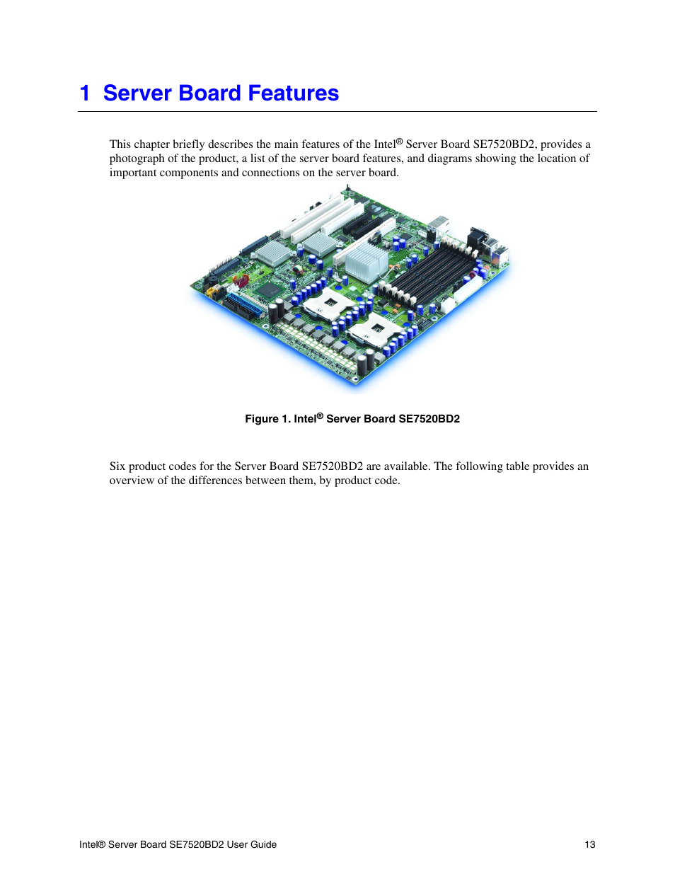 Server board features, Figure 1. intel® server board se7520bd2, 1 server board features | Intel SE7520BD2 User Manual | Page 13 / 64