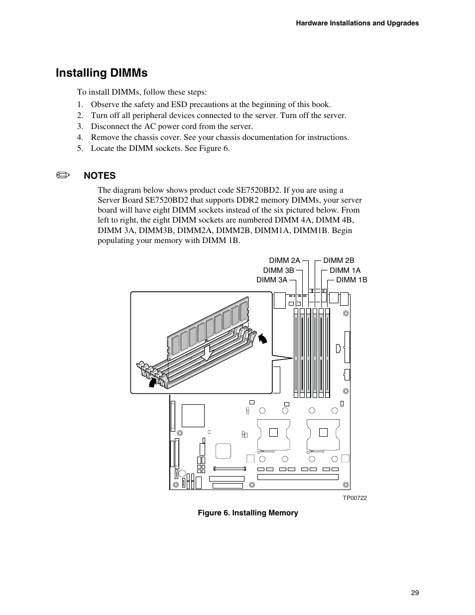 Installing dimms, Figure 6. installing memory | Intel SE7520BD2 User Manual | Page 29 / 64