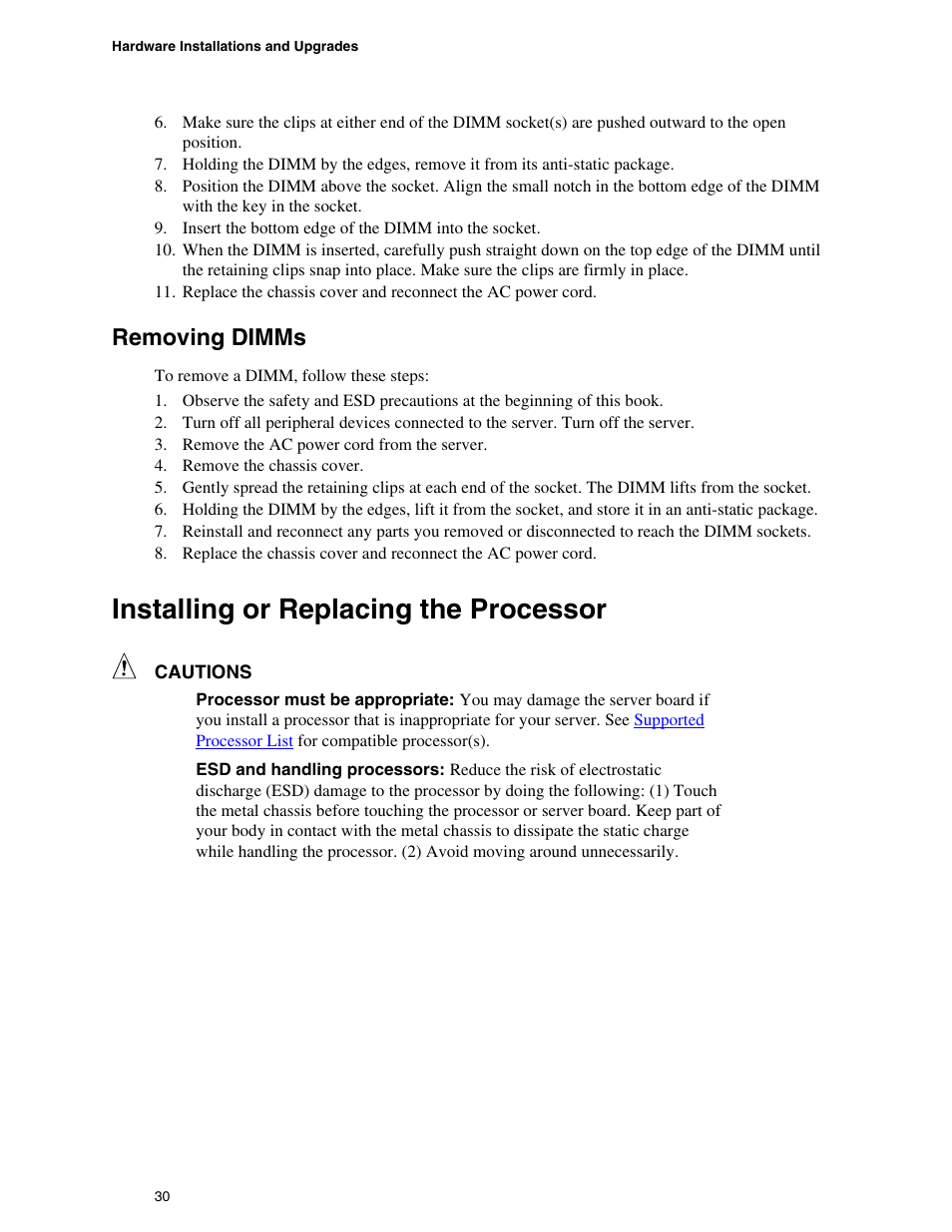 Removing dimms, Installing or replacing the processor | Intel SE7520BD2 User Manual | Page 30 / 64