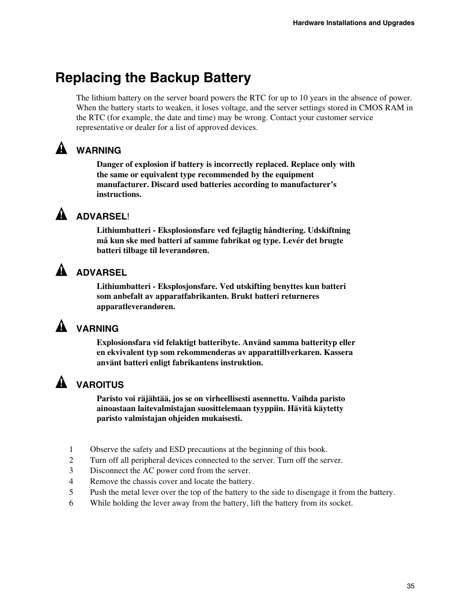 Replacing the backup battery | Intel SE7520BD2 User Manual | Page 35 / 64