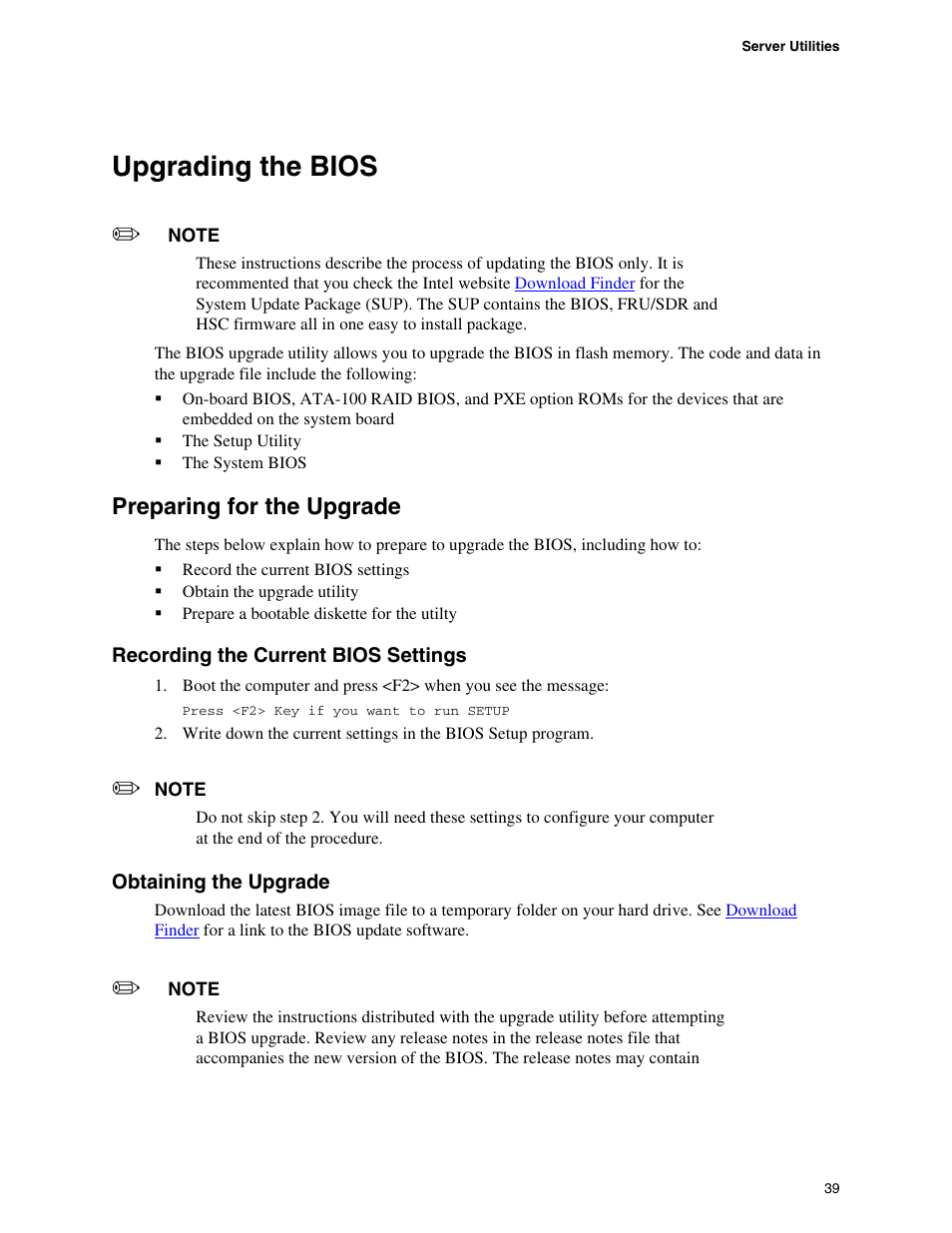 Upgrading the bios, Preparing for the upgrade | Intel SE7520BD2 User Manual | Page 39 / 64