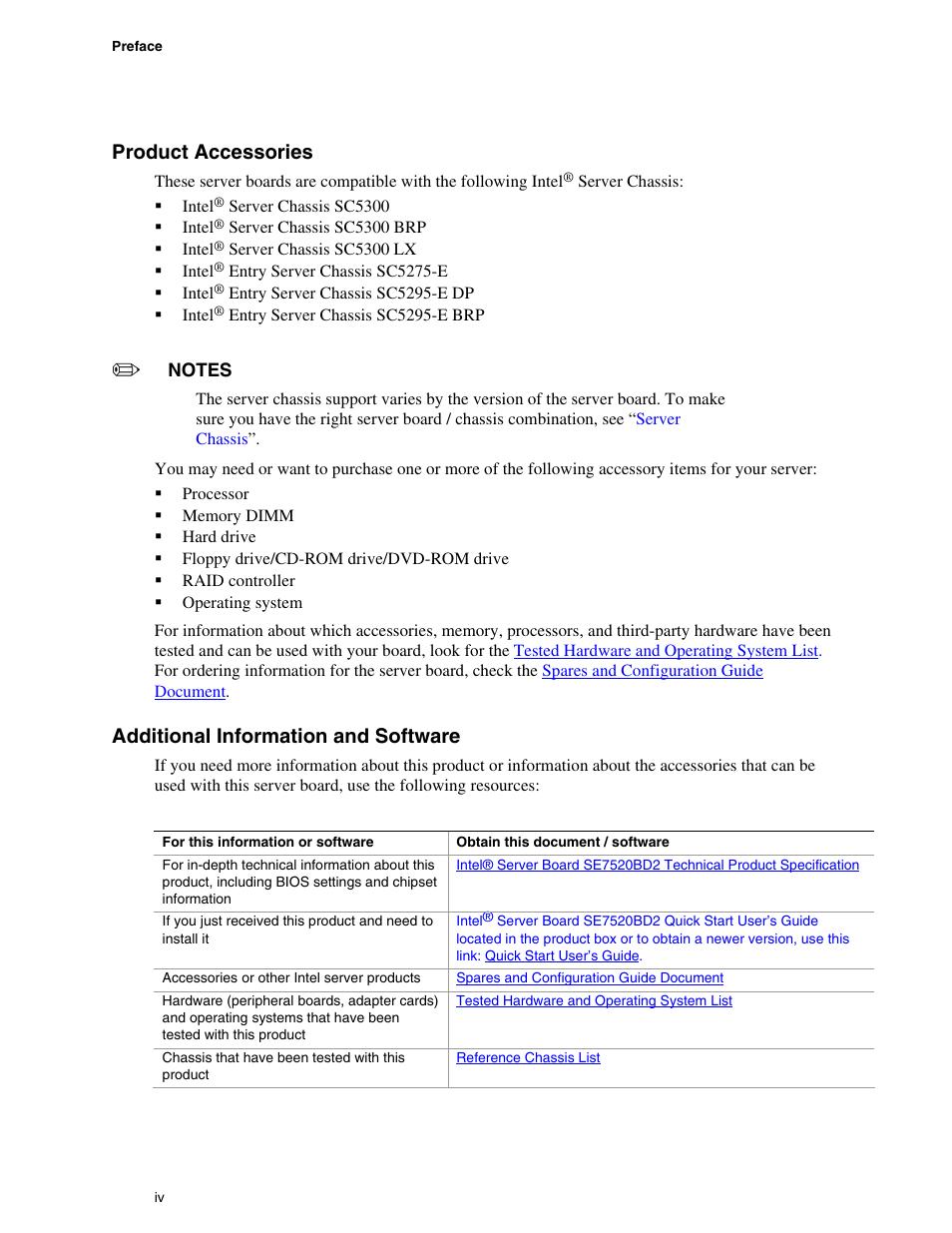 Product accessories, Additional information and software | Intel SE7520BD2 User Manual | Page 4 / 64