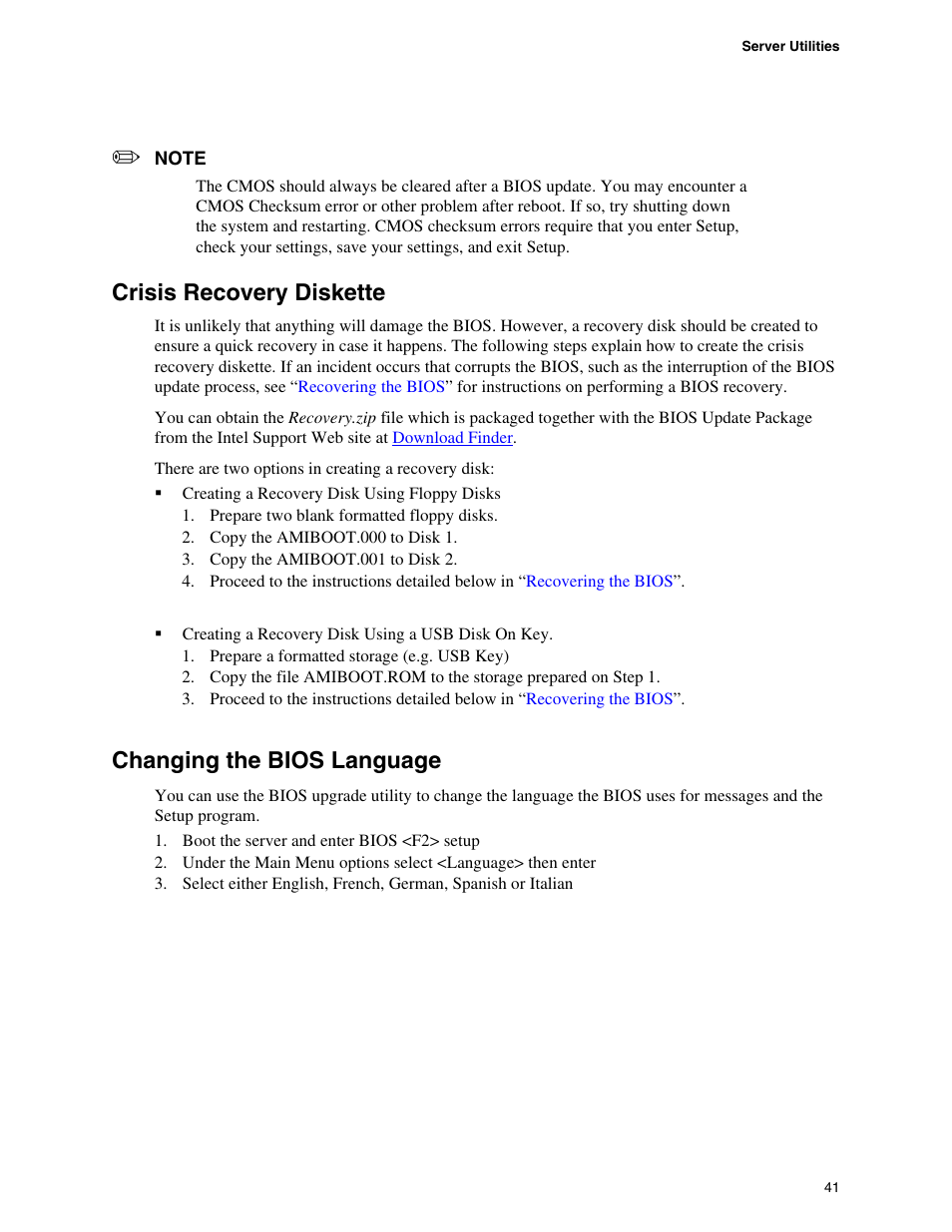 Crisis recovery diskette, Changing the bios language | Intel SE7520BD2 User Manual | Page 41 / 64