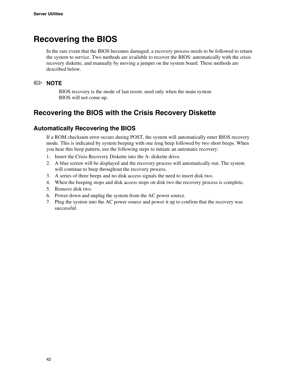 Recovering the bios, For instructions on | Intel SE7520BD2 User Manual | Page 42 / 64