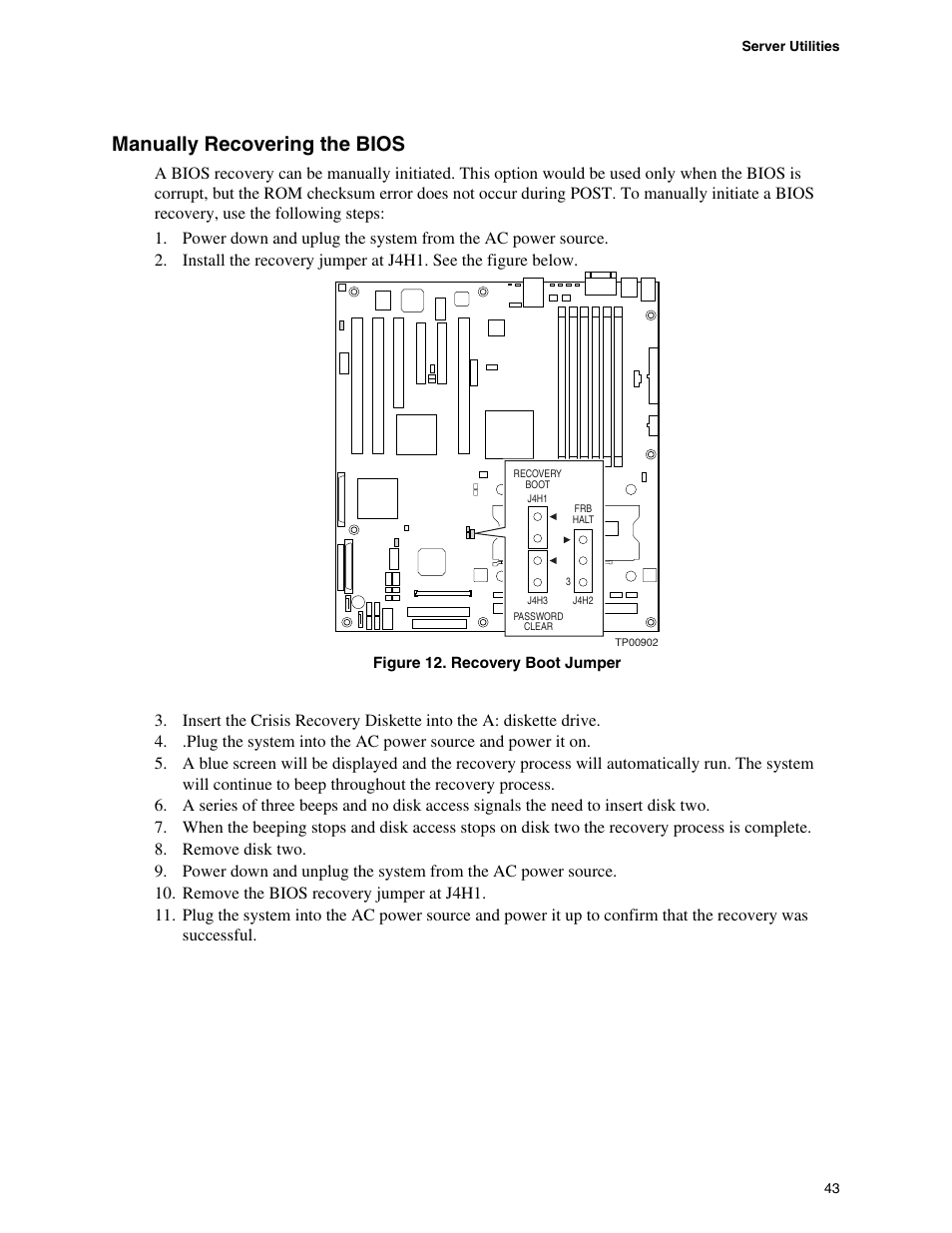 Figure 12. recovery boot jumper, Manually recovering the bios | Intel SE7520BD2 User Manual | Page 43 / 64