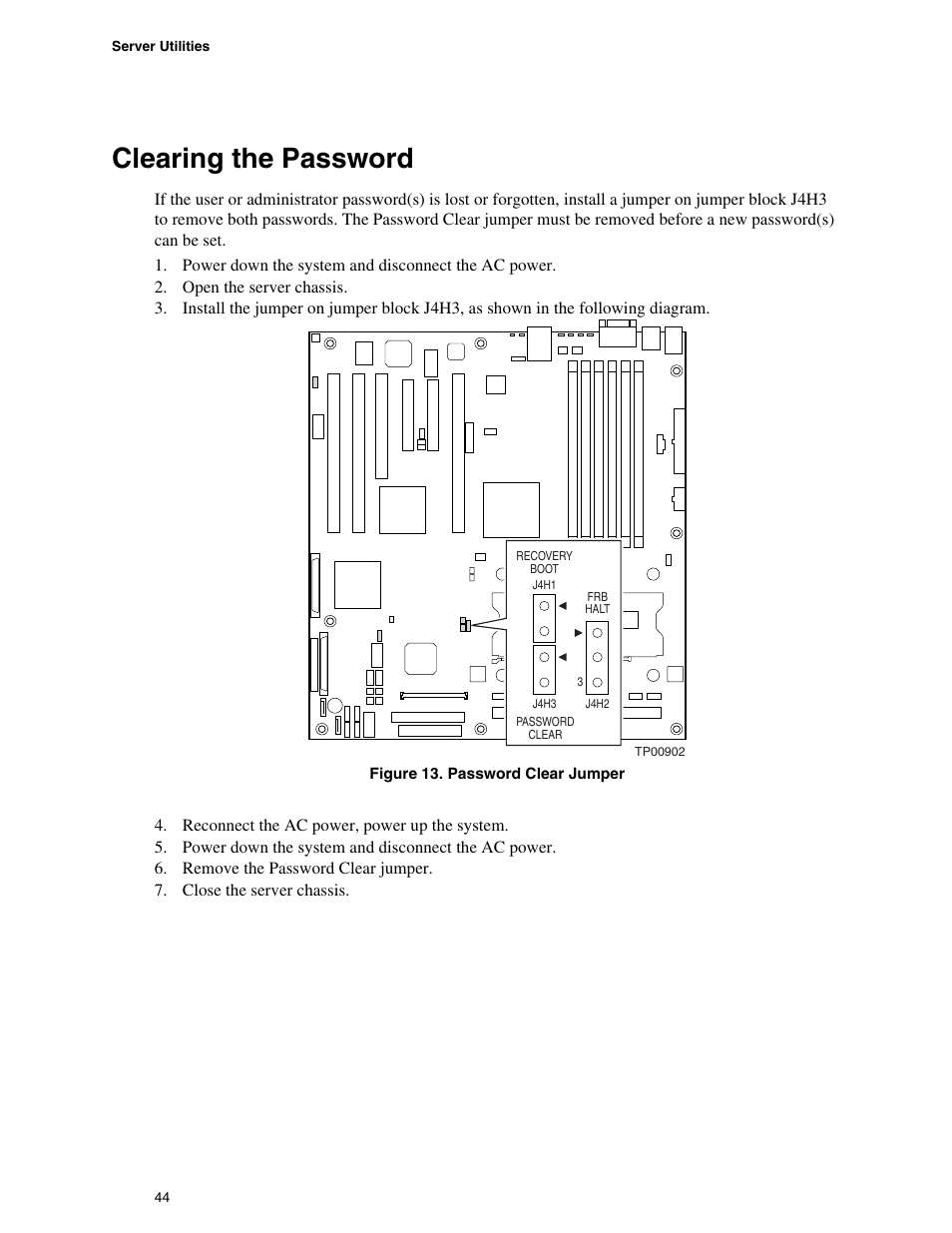 Clearing the password, Figure 13. password clear jumper | Intel SE7520BD2 User Manual | Page 44 / 64