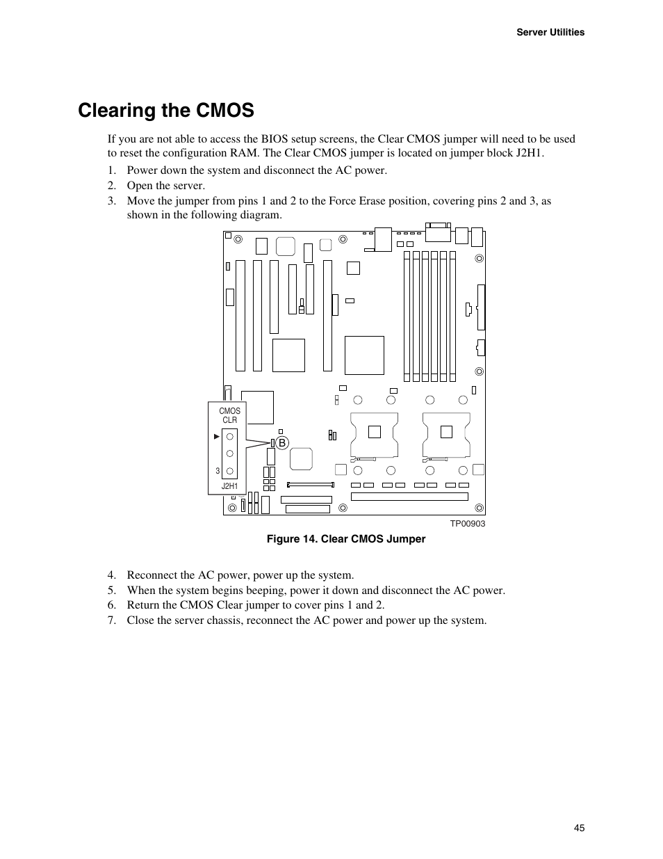 Clearing the cmos, Figure 14. clear cmos jumper | Intel SE7520BD2 User Manual | Page 45 / 64