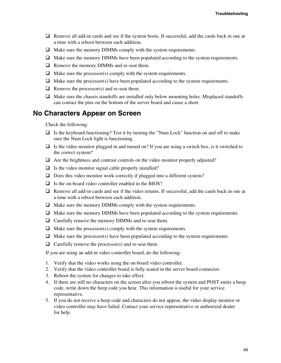 No characters appear on screen, Characters appear on screen | Intel SE7520BD2 User Manual | Page 49 / 64