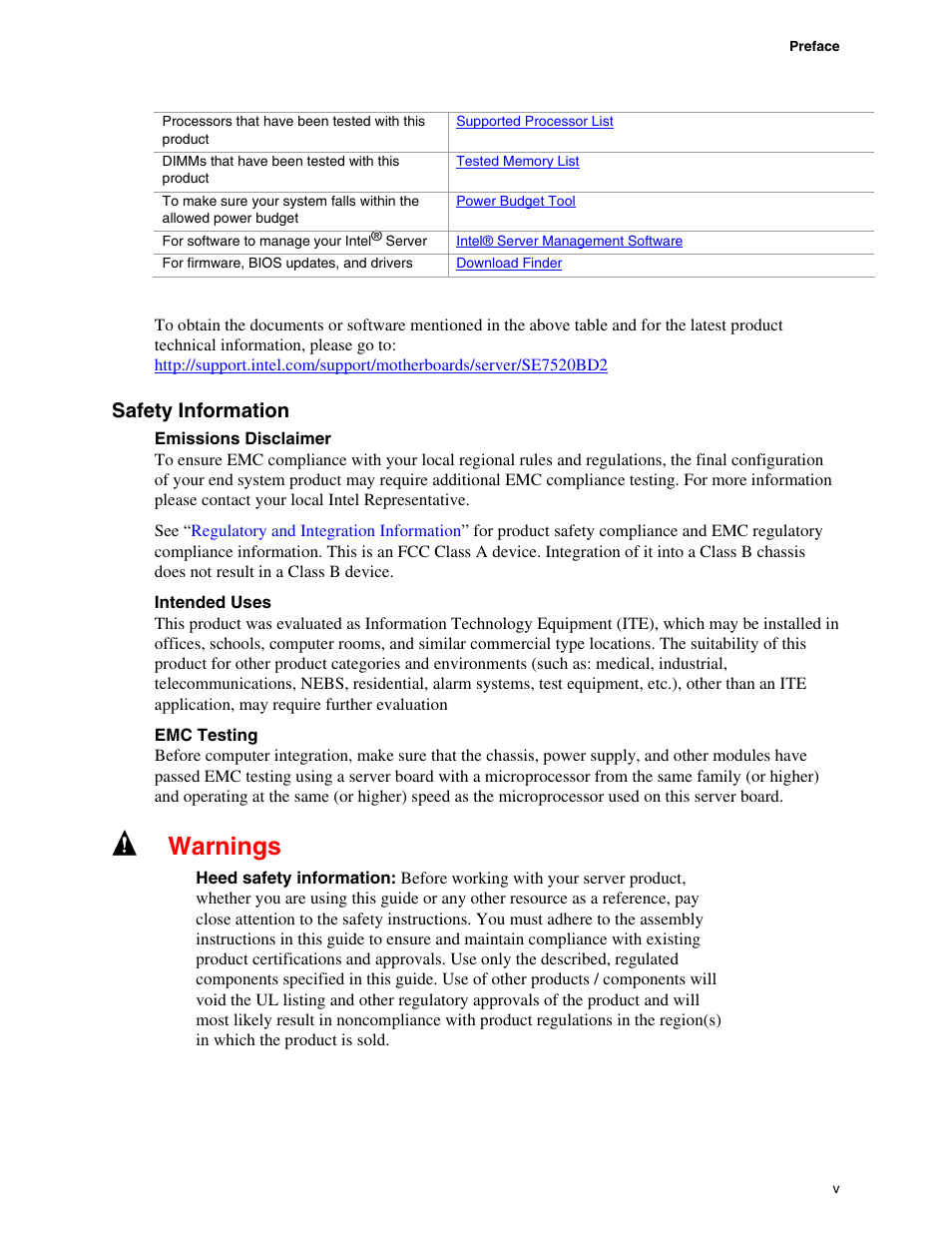 Warnings, Safety information | Intel SE7520BD2 User Manual | Page 5 / 64