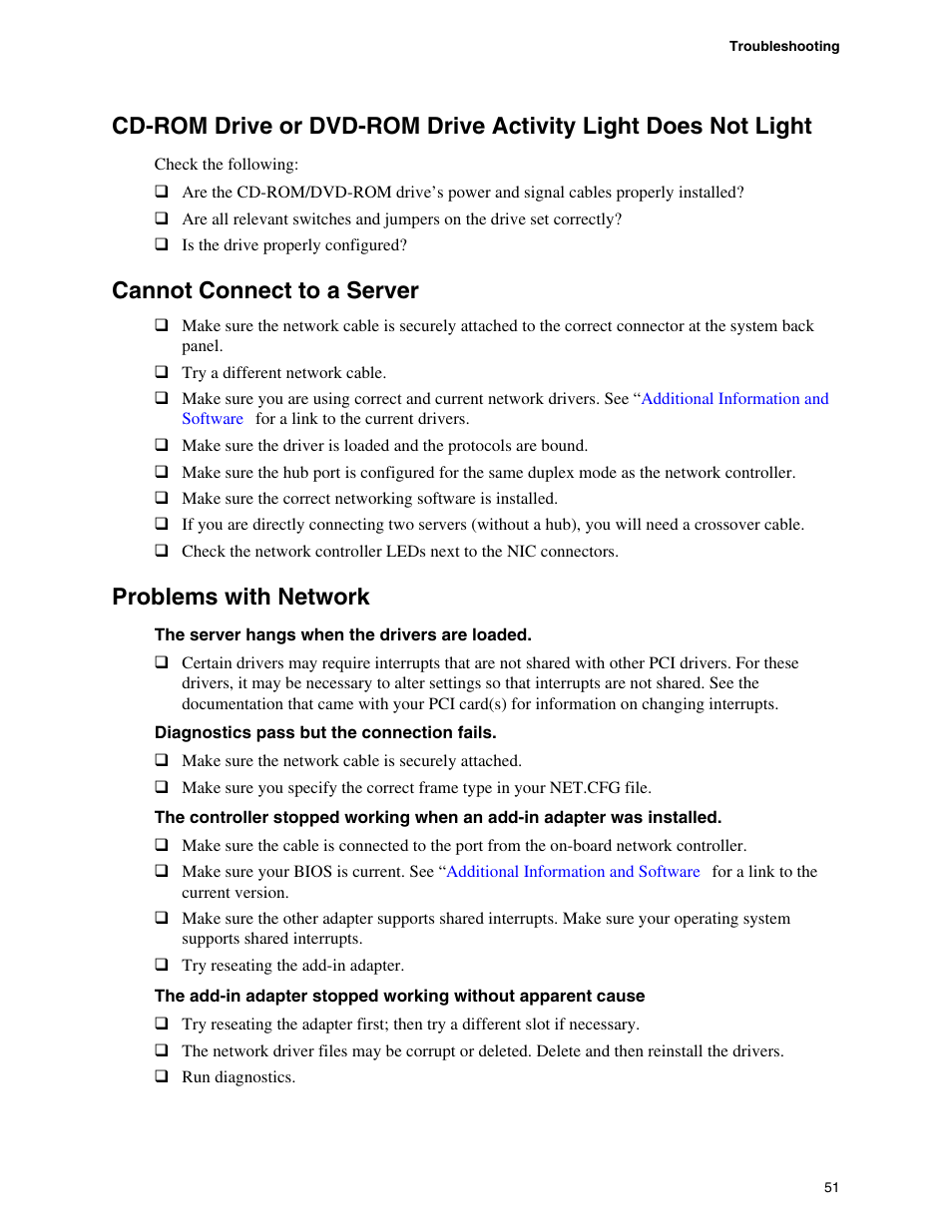 Cannot connect to a server, Problems with network | Intel SE7520BD2 User Manual | Page 51 / 64