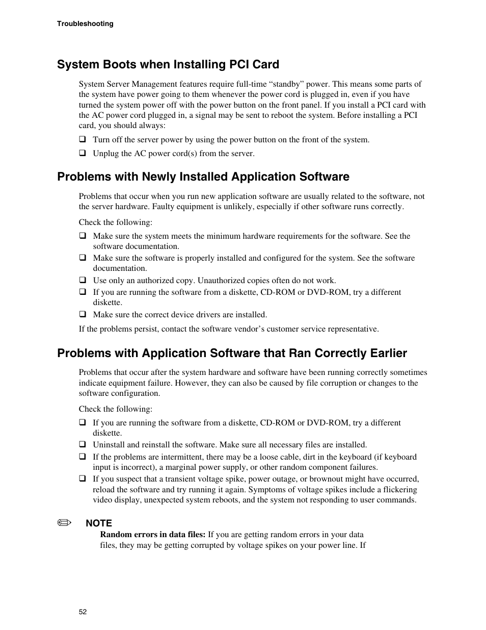 System boots when installing pci card, Problems with newly installed application software | Intel SE7520BD2 User Manual | Page 52 / 64